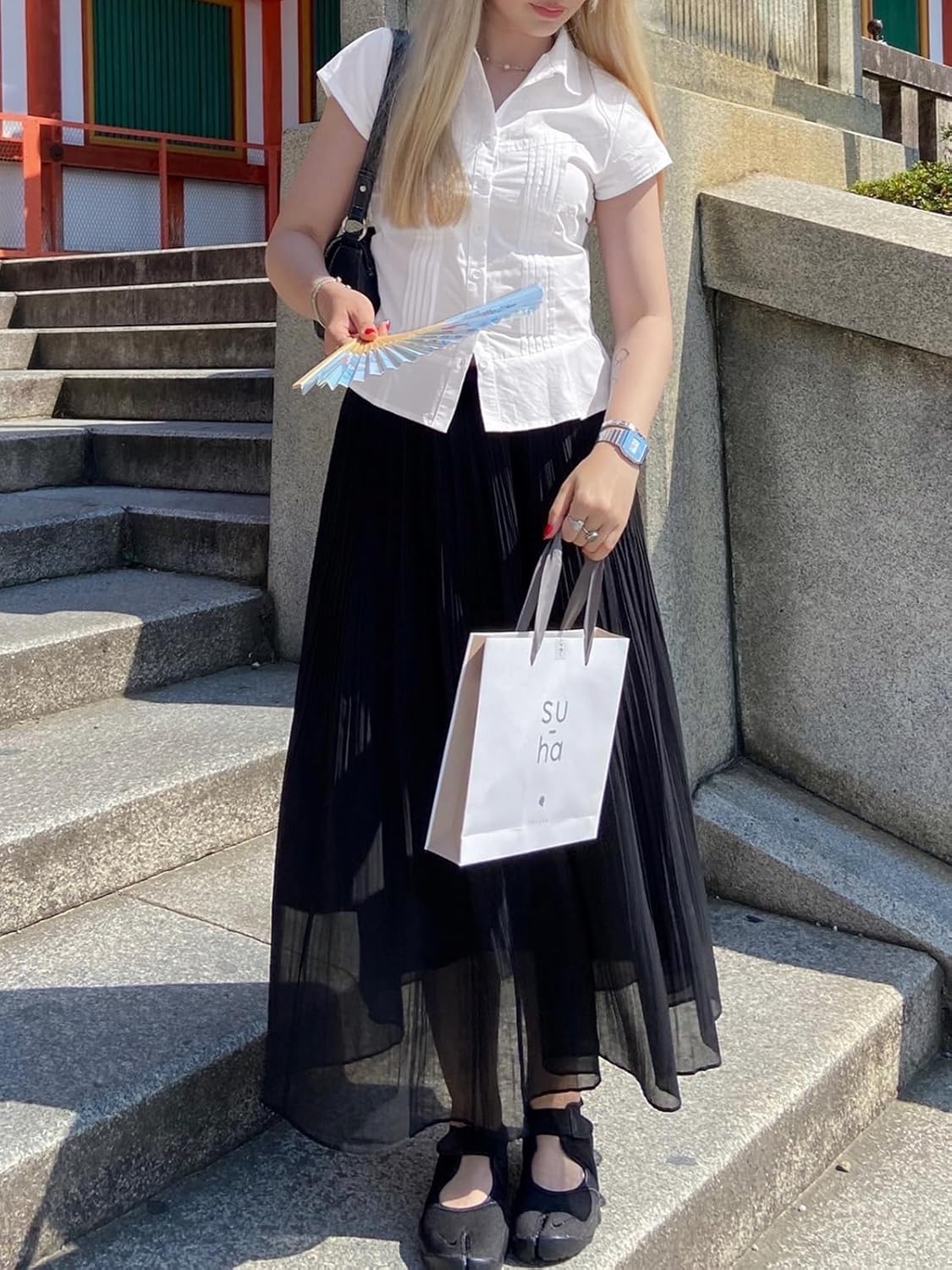 Cicy Bell Womens Short Sleeve Button Down Shirts Pleated Slim Fit Summer Dressy Casual Blouses White - Image 7