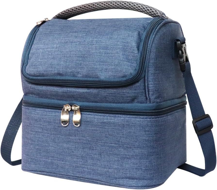 Insulated Lunch Bag, Dual Compartment Waterproof Large Capacity Cooler Tote Bag, Heatproof Breakfast/Tiffin/Dinner Zipper Thermal/Warm/Heated Bag with Handle and Detachable Strap (Blue)