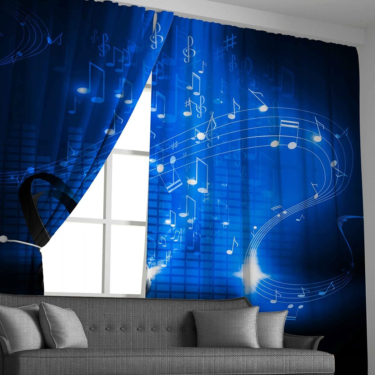 Loussiesd Kids Boys Curtains Girls Musical Notes Window Curtain,Black Blue Headphones Curtain for Teens Toddler Adults Cute Music Room Decor Windows Drapes Headset Window Treatments Curtains W46*L72 - Image 3