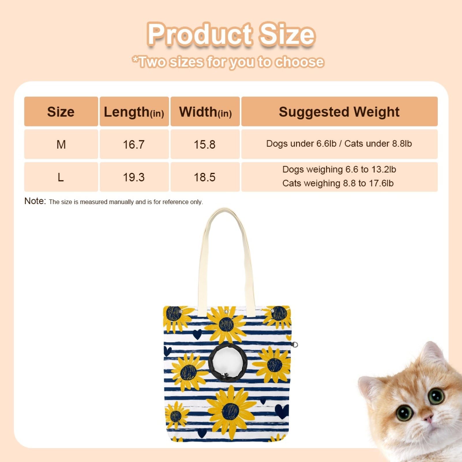 Pet Canvas Shoulder Bag Soft-Sided,Dog Purse Carrier for Small Dogs and Cats, Portable Pet Handbag with Adjustable Hole, Pet Washable Travel Tote Bag,Blue Line Sunflower 19.3''x16.5''