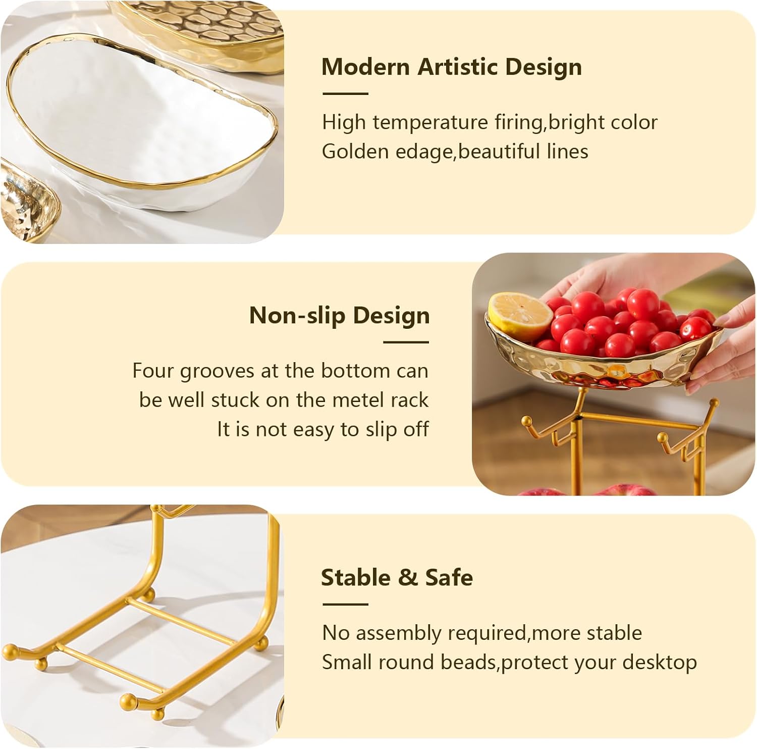 Gets 3 Tier Ceramic Fruit Bowl for Kitchen Counter - Tiered Fruit Stand with Metal Stand, Serving Tray for Snacks Nuts Cakes Desserts Bread Candy, Decorative Storage for Party Wedding Home-Gold