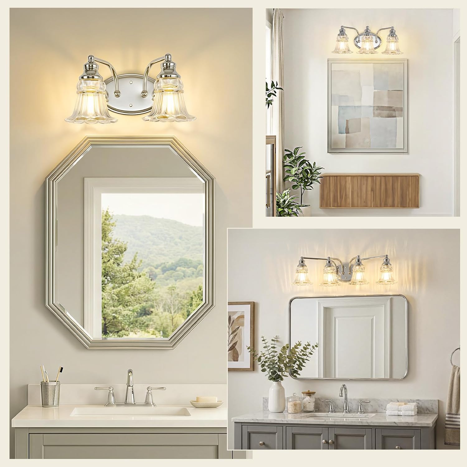 2-Light Bathroom Light Fixtures Over Mirror, Vintage Vanity Lights with Clear Floral Glass Shades, Chrome