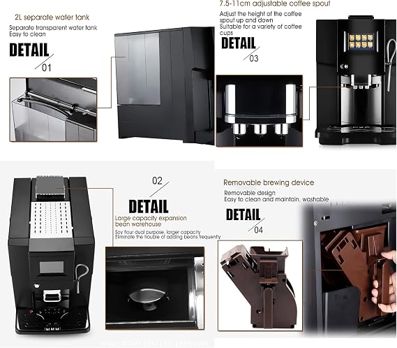 QJRGUY 200W Commercial Automatic Coffee Machine, Espresso Cappuccino Maker, with Independent Milk Froth System, Silver