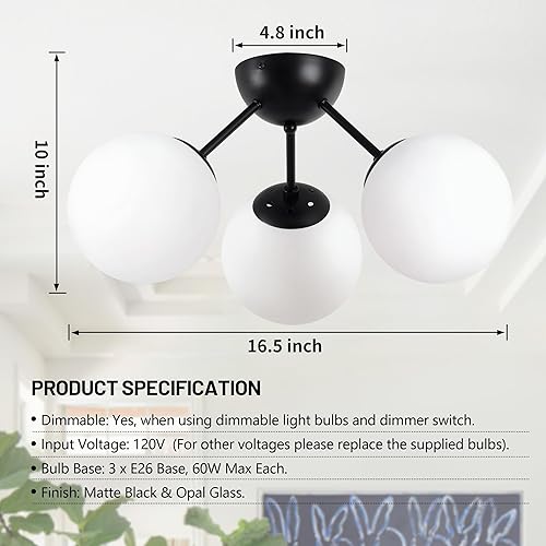 Miniatura 4 de Lámpara de techo semiempotrada moderna de mediados de siglo, 3 luces, globo de cristal ópalo y negro mate, regulable, certificado UL, para