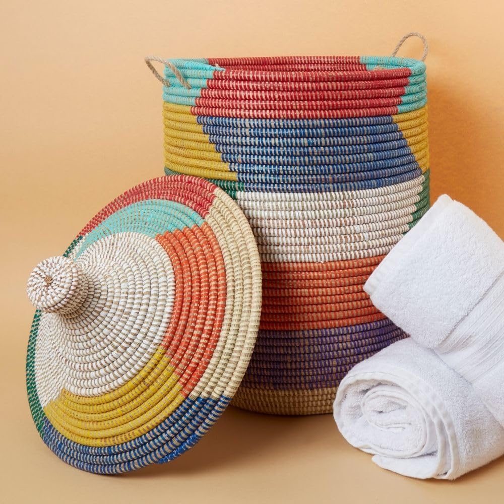 Medium Rainbow Basket, Hamper with Lid, Handwoven Baskets, 15 Inch Wide, 19 Inch Tall