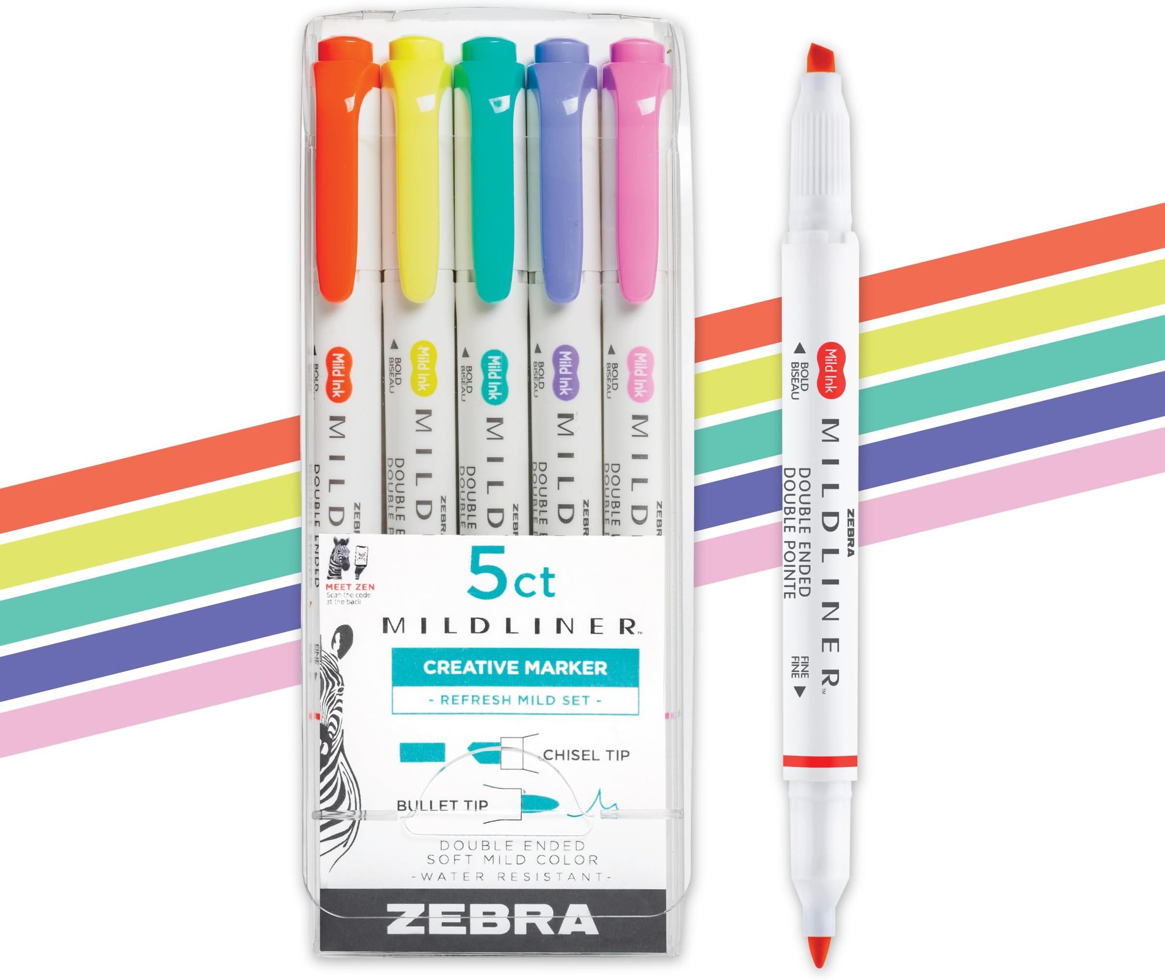 Zebra Pen Mildliner Double Ended Highlighter Set Broad and Fine Point Tips, 5 Pack, Assorted Refresh
