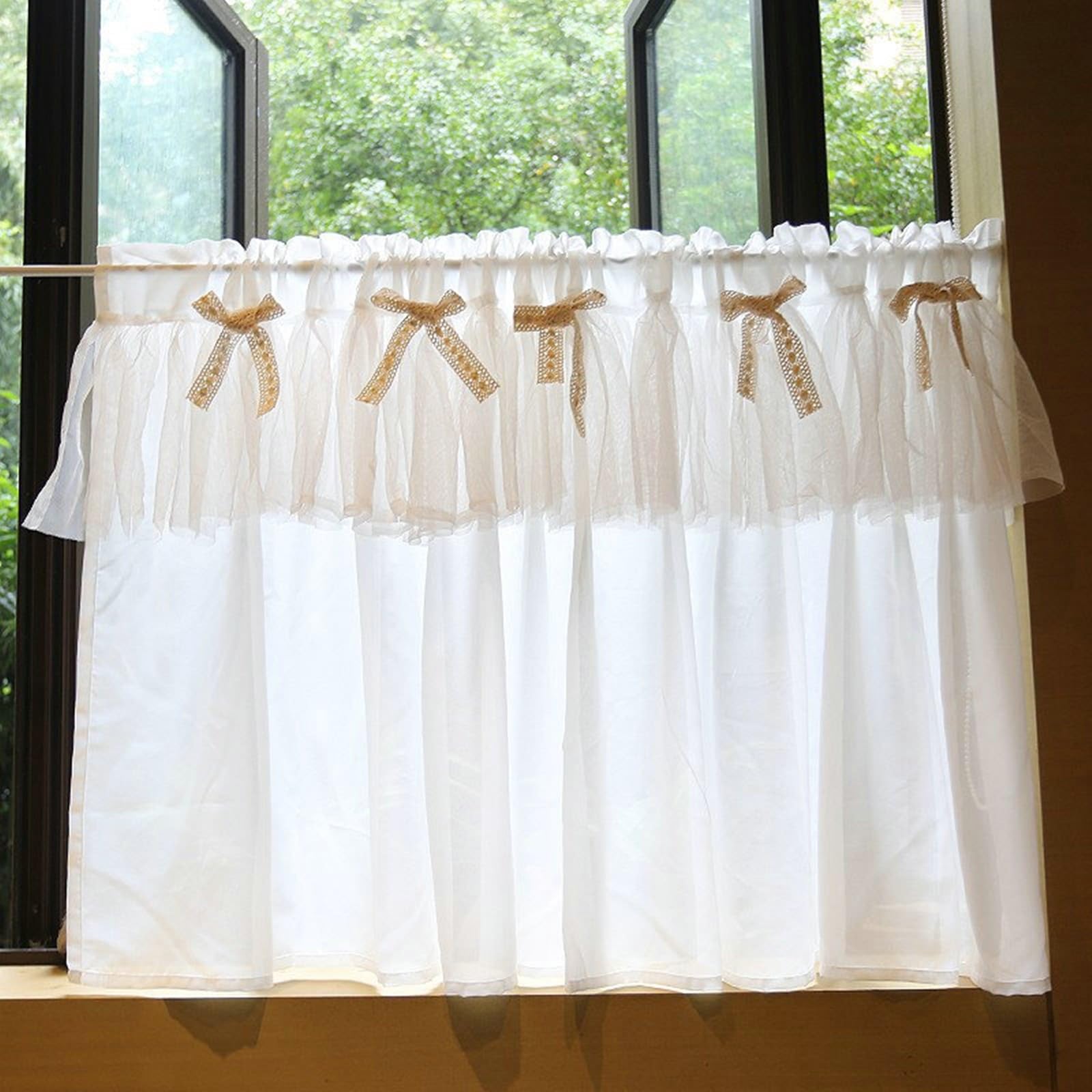 AMDXD Visillo de cocina opaco, blanco, 130 x 40 cm, encaje con nudo de lazo, visillos cortos, 1 pieza, con bolsillo de varilla de algodón y lino, cortina decorativa para cuarto de baño