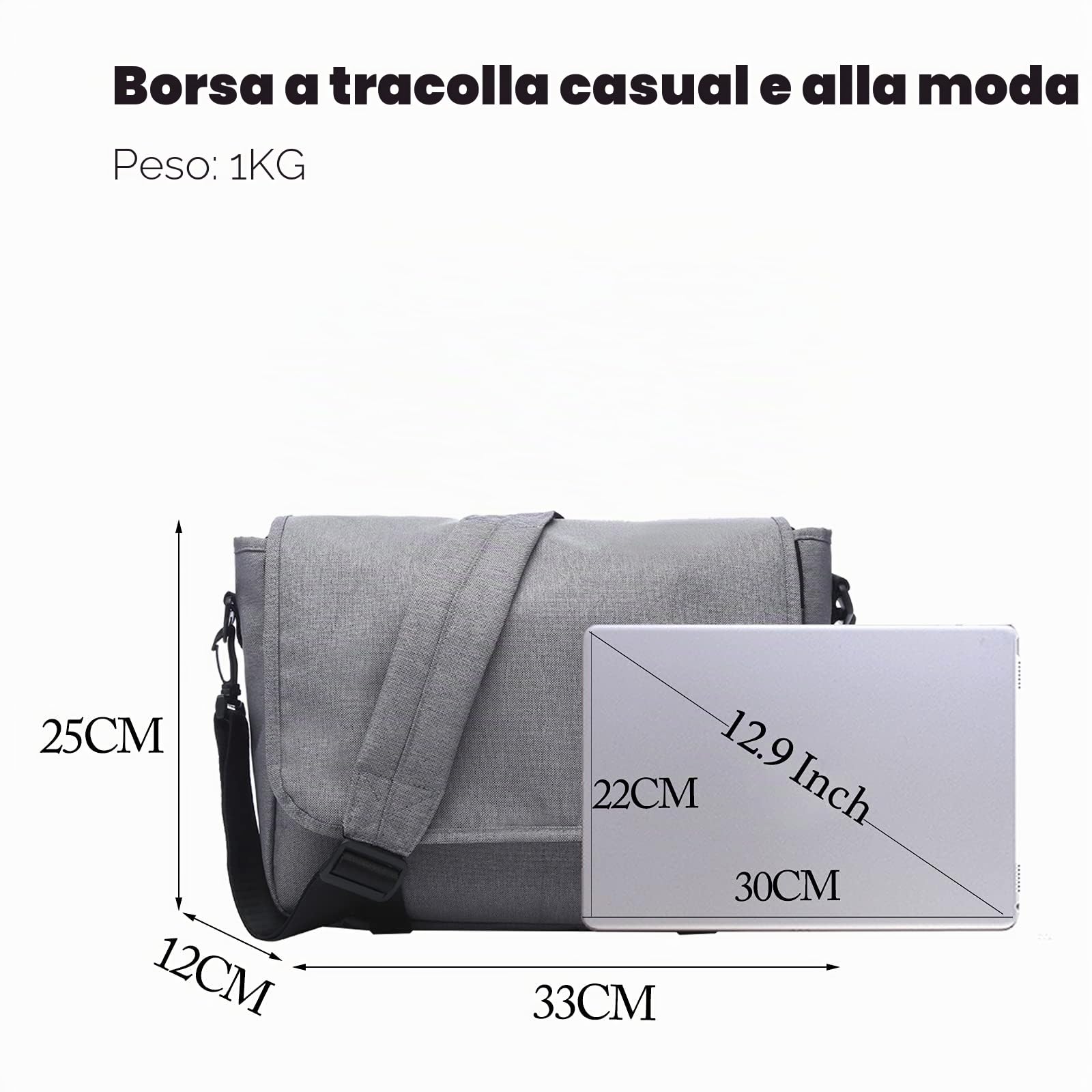 FANDARE Messenger Bag Laptop Briefcase Borsa a Tracolla Borsa Crossbody Scuola Borsa Zainetto Schoolbag Poliestere Grigio
