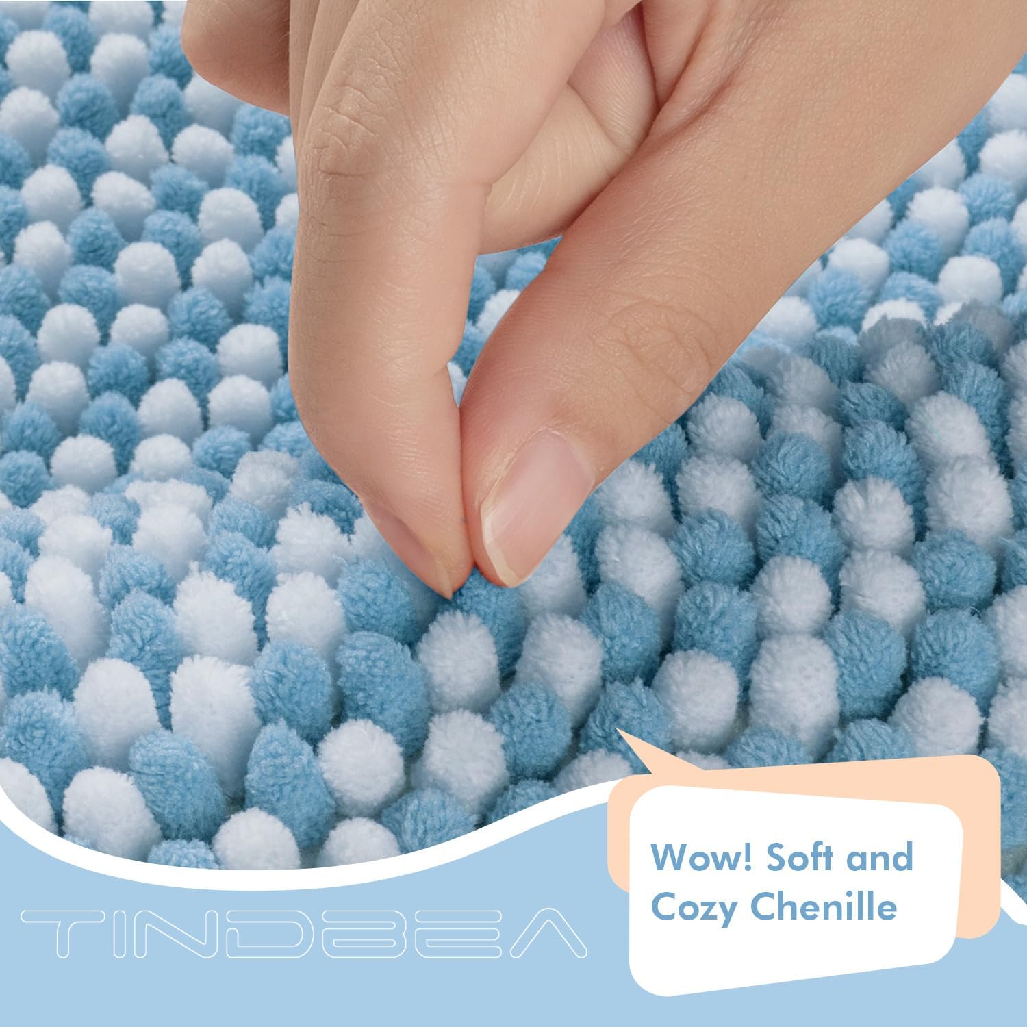 Tindbea Bathroom Rugs Set 2 Piece, Extra Soft and Absorbent Fluffy Striped Chenille Bath Mat Rug Set, Non Slip Bathroom Floor Mat, Machine Washable (20" x 32" Plus 16" x 24", Blue)
