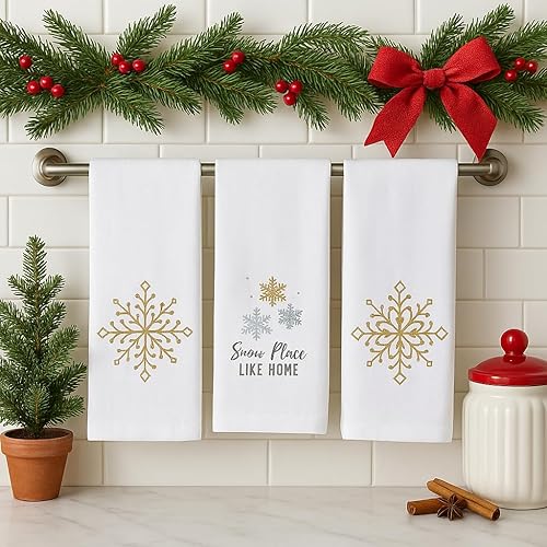 Vista 143 de Serafina Home Toallas de cocina navideñas navideñas: dos muñecos de nieve Be Jolly espiga y un muñeco de nieve bailarín, 3 piezas, tejido plano 100%