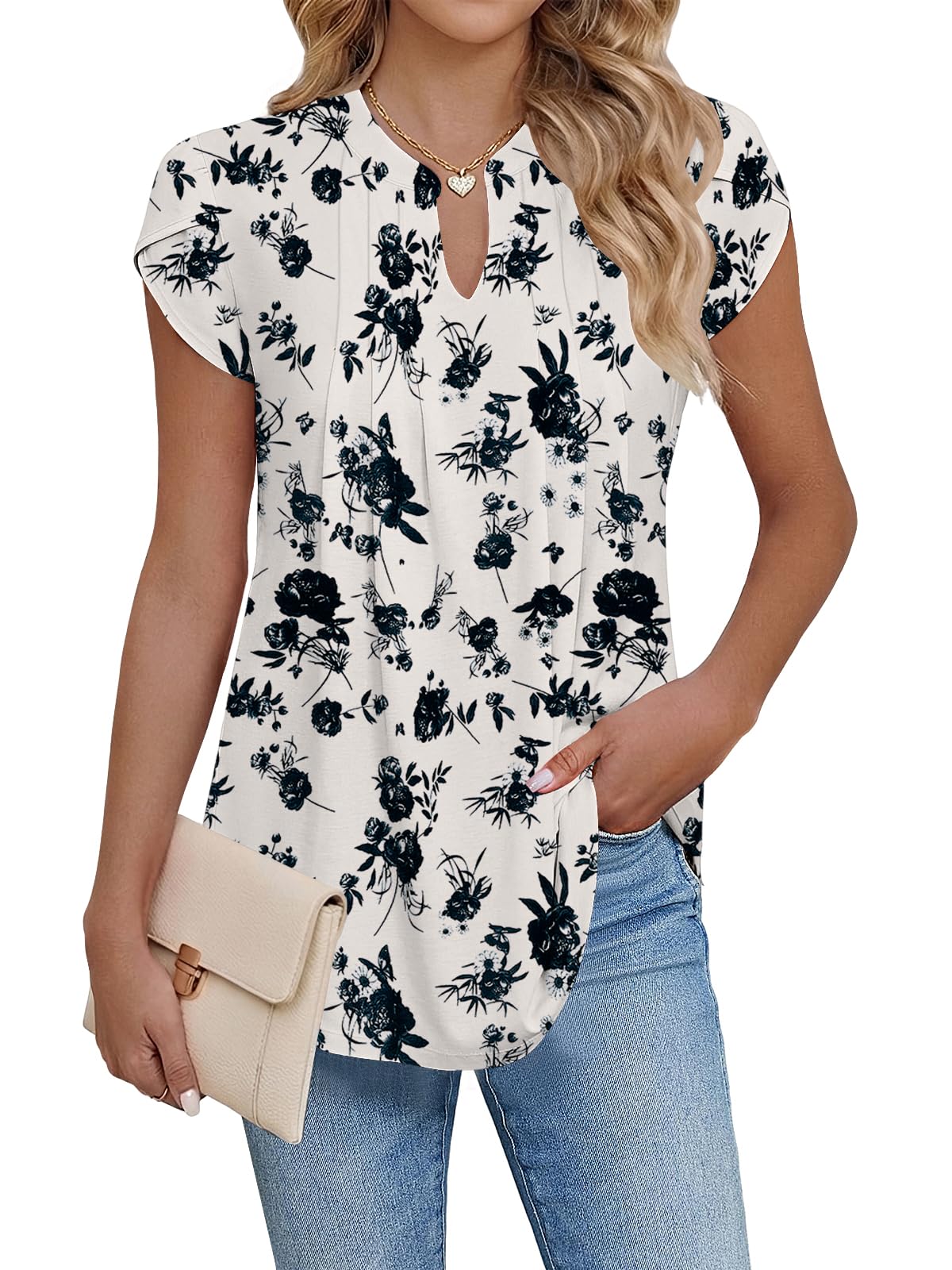 CUPTACC Tunika Damen Sommer Kurzarm Tops für Damen V-Ausschnitt Plissierte Casual Longshirt Top Weiß Schwarz Blume, Mittel M 38-40