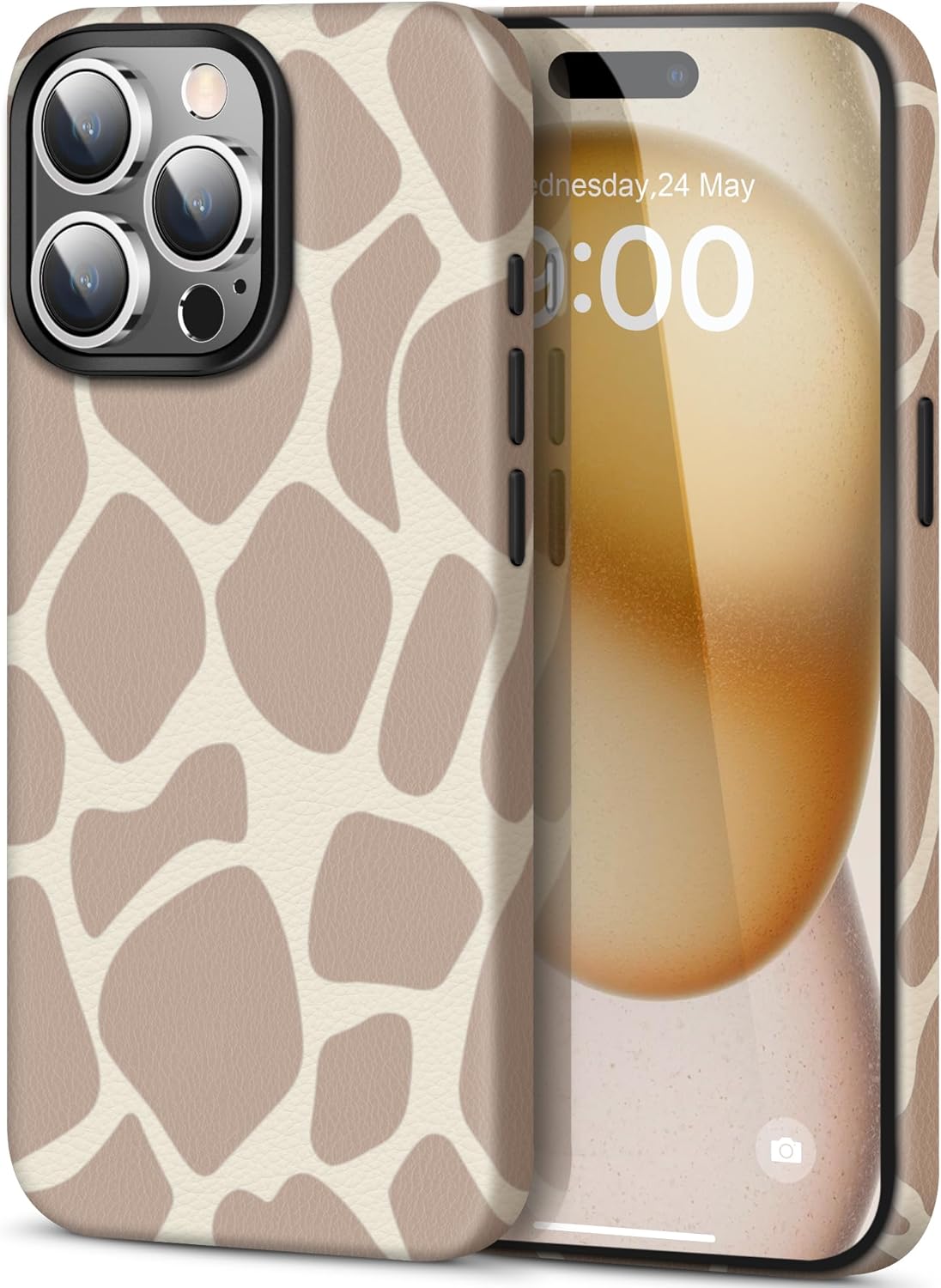 Vegan Leather Magnetic Case for iPhone 15 Pro Max Wireless Charging, MagSafe Compatible, Metal Buttons, Shockproof Protective Phone Case Cover for Women Men 6.7" (Nude Leopard Cow Print)