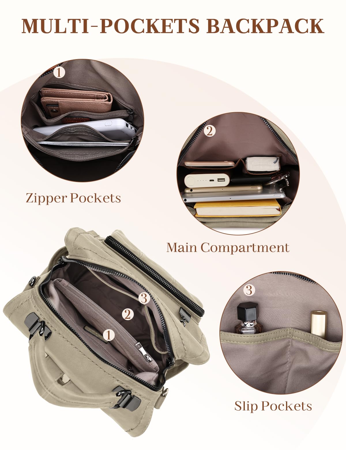 RAVUO Rucksack Damen Klein,Elegant PU Leder Rucksackhandtaschen Wasserdicht Cityrucksack für Freizeit Reisen Schule Arbeit Beige