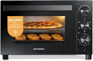 Severin Back- und Toastofen mit Umluftfunktion, inkl. Drehspieß für Fleisch, vielseitiger Heißluftofen mit 30 L Kapazität, Aufbackofen, 100-230 °C, Timer 120 Min., 1600 W, schwarz, TO 9020