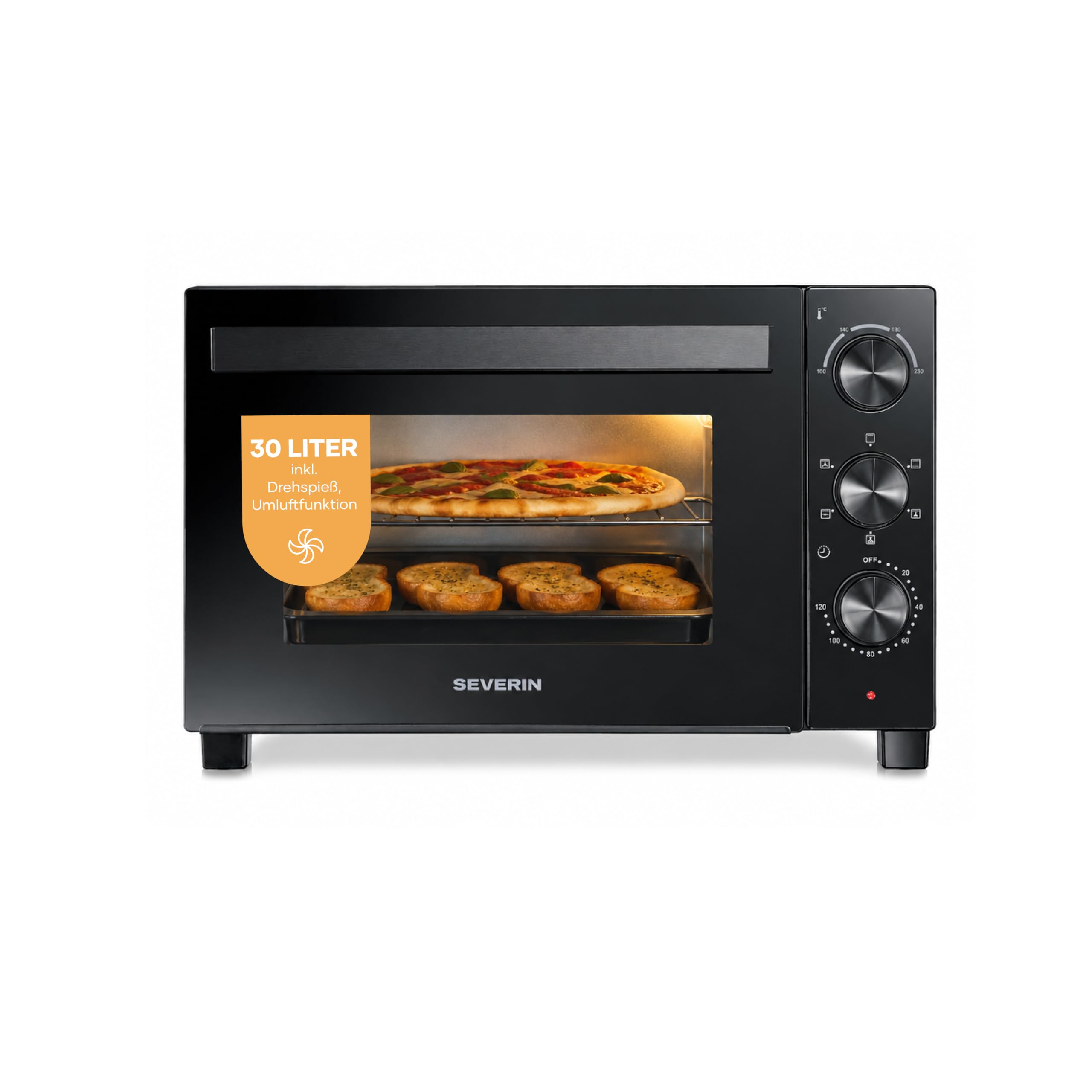 Severin Back- und Toastofen mit Umluftfunktion, inkl. Drehspieß für Fleisch, vielseitiger Heißluftofen mit 30 L Kapazität, Aufbackofen, 100-230 °C, Timer 120 Min., 1600 W, schwarz, TO 9020