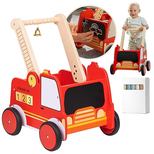 Andador de madera para bebés con ruedas Caminador de bebé para niños Camión de bomberos Andador para bebé niño con asas aparejadas Altura
