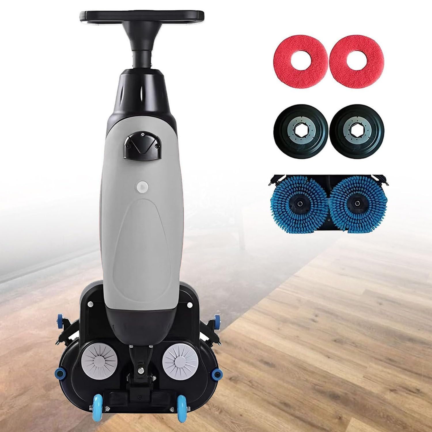 Fregadora de Pisos portátil Comercial, fregadora de Piso con Operador a pie, con cepillos Dobles giratorios de 360°, 240 RPM, fácil de Usar, batería de 90-120 min Grey