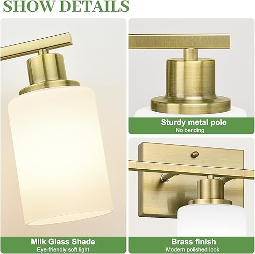 Miniatura 2 de Lámpara de baño de 4 luces, lámpara de tocador dorada cepillada con tonos blancos lechosos, accesorios de iluminación de baño sobre espejo, lámpara