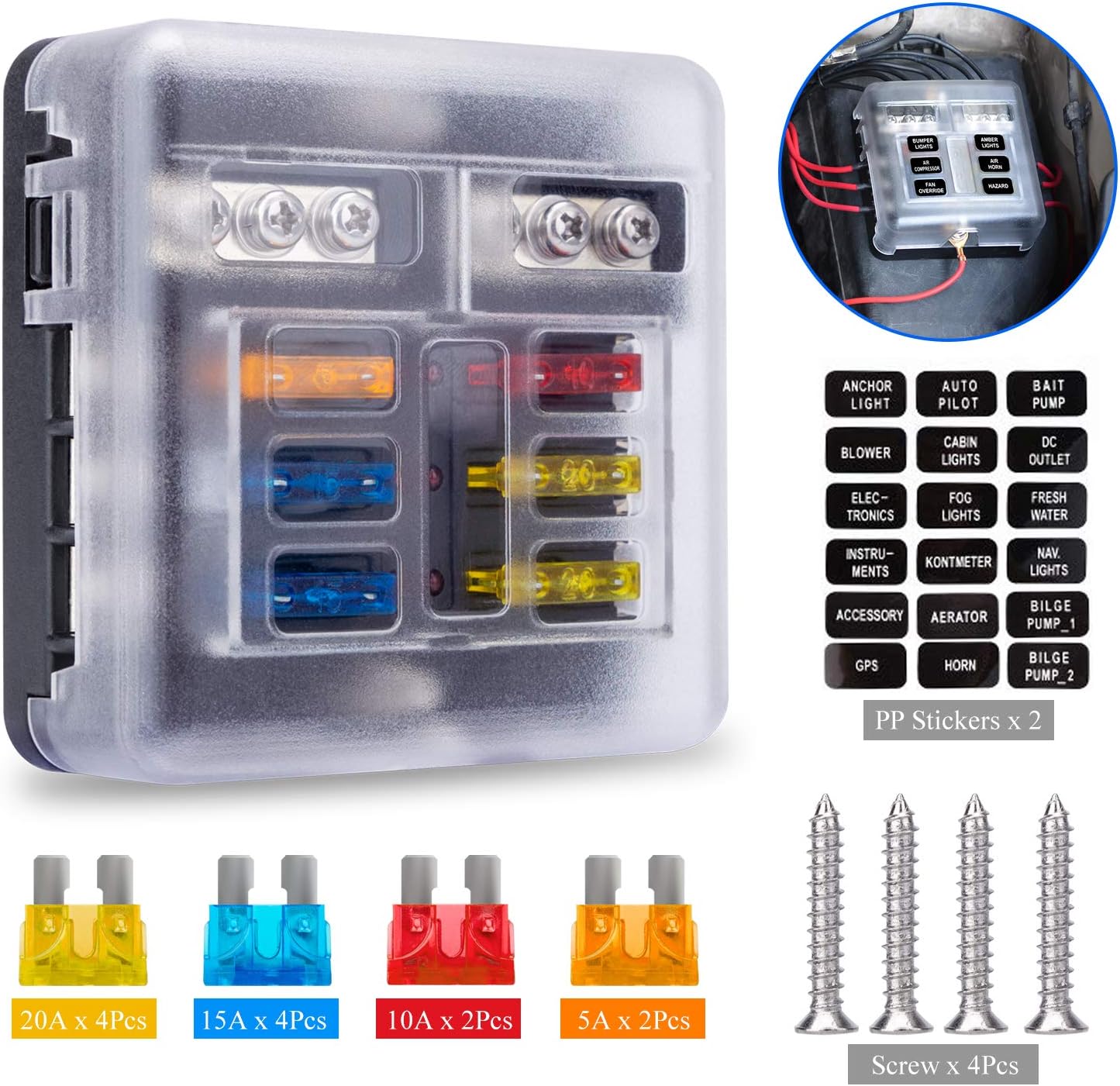 Extractme 6 Way Blade Fuse Block with Negative Bus, 6 Circuit Fuse Box Holder with LED Indicator Waterproof Protection Cover - Fuse Block Panel for 12V/24V Auto Car Truck Boat Marine (12 Pcs Fuse) : Automotive