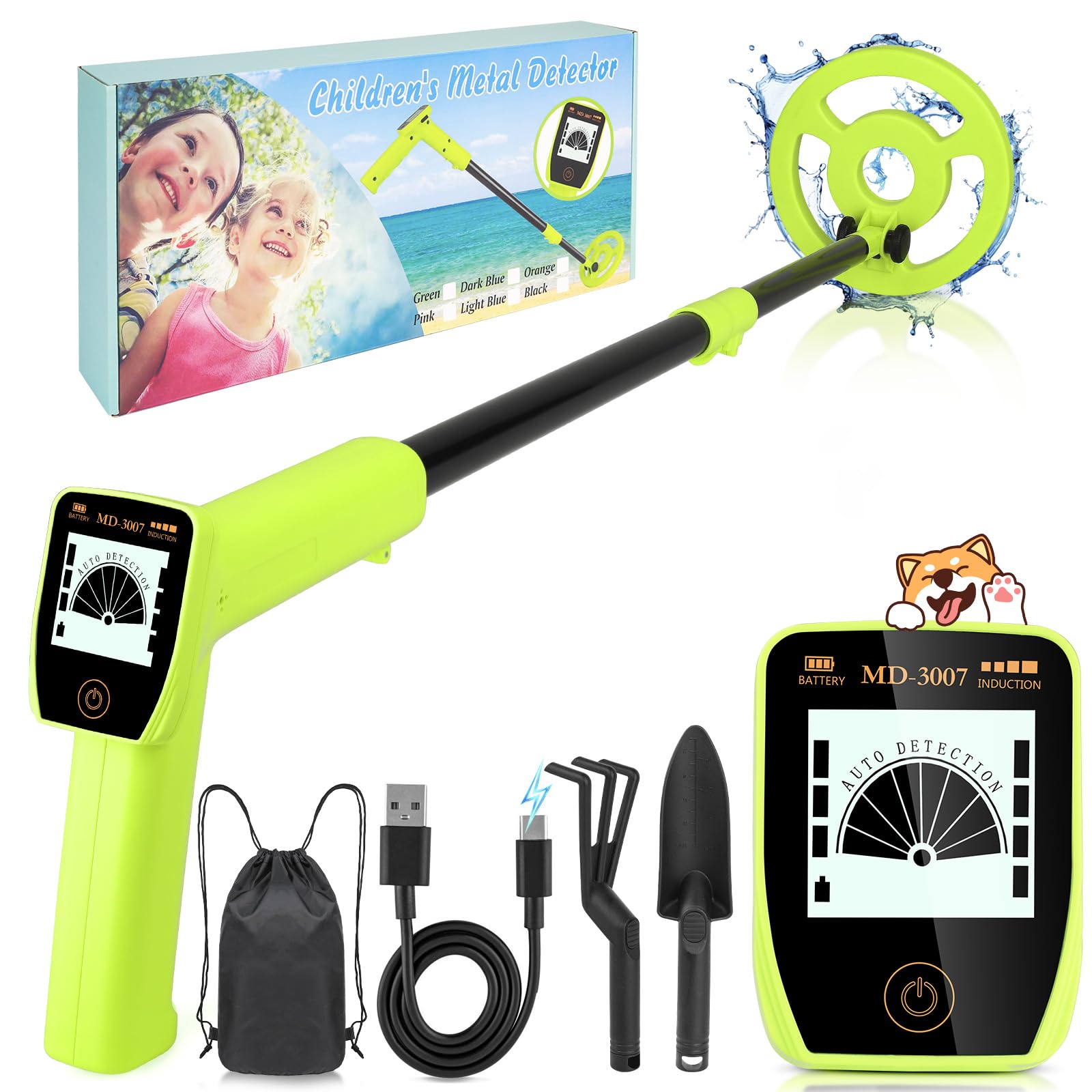 Metalldetektor Kinder, Canvage Verstellbarer 61-89cm Kinder Metal Detector– mit USB-C Aufladbar und LCD Display, Outdoor Set Für Jungen und Mädchen Schatzsuche am Strand, Garten oder Park – Grün