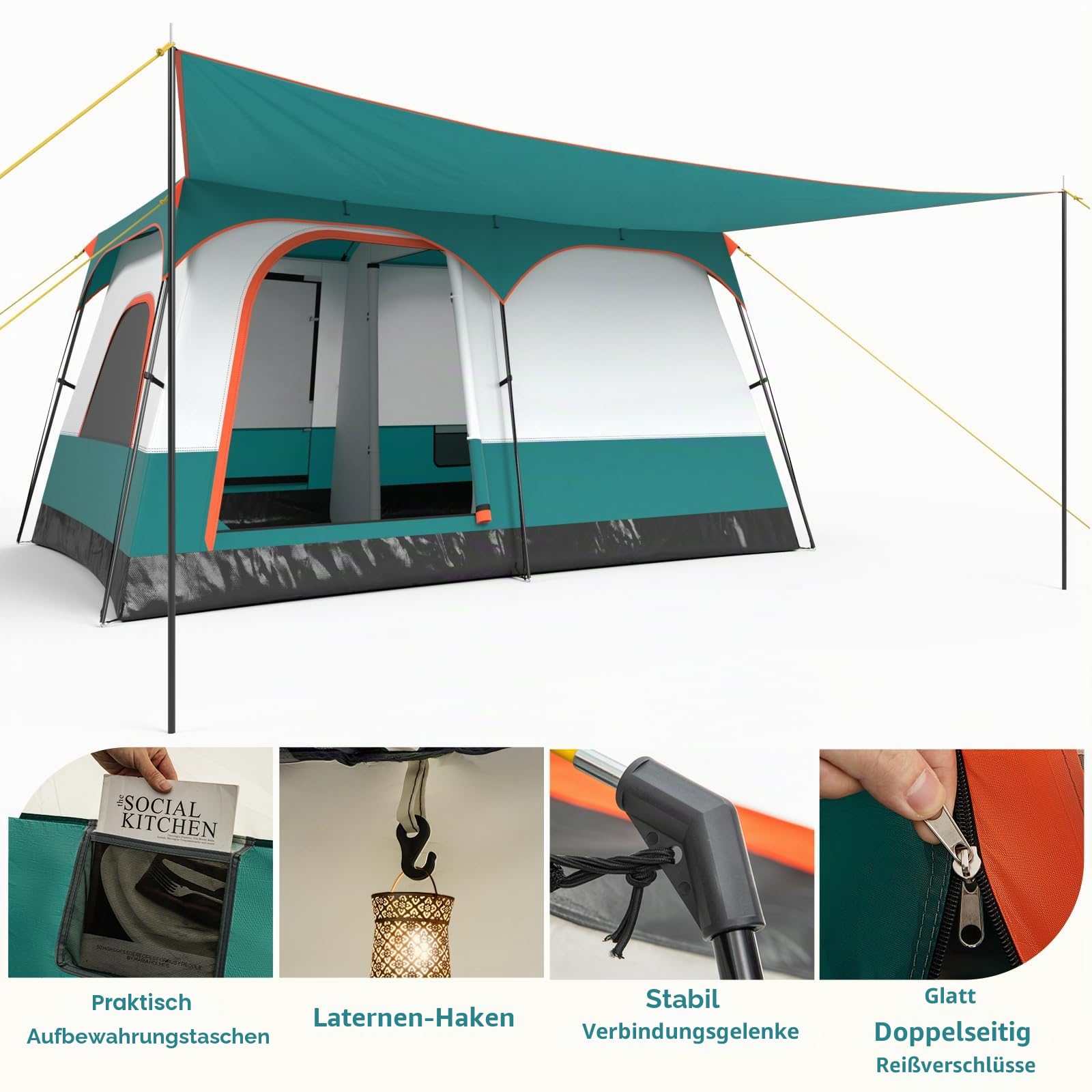 HOMASIS Tunnelzelt für 4-6 Personen, Zelt mit Vorzelt & Boden, Campingzelt mit 2 Räumen, 2 Eingängen, 2 Fenstern & Oberlicht, Familienzelt mit Tragetasche für Camping Hiking Trekking