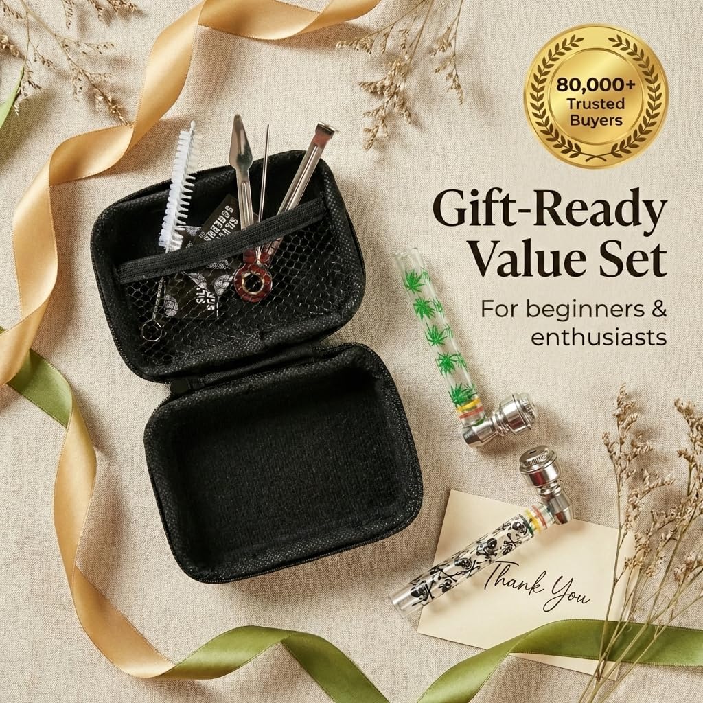 Glass Tobacco Pipes Set: 2pcs with Pouch & Cleaning Tools - for Your 15-Minute Me-Time Relaxation - Gift for Beginners