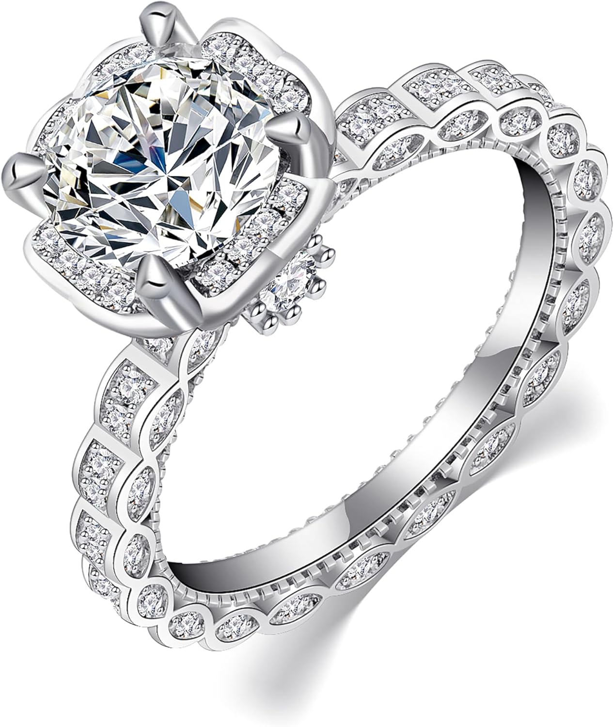 YSDD 2 Carat Moissanite Engagement Ring for Women, 925 Sterling Silver Plated 18K White Gold Fashion Flower Design Wedding Bridal Ring