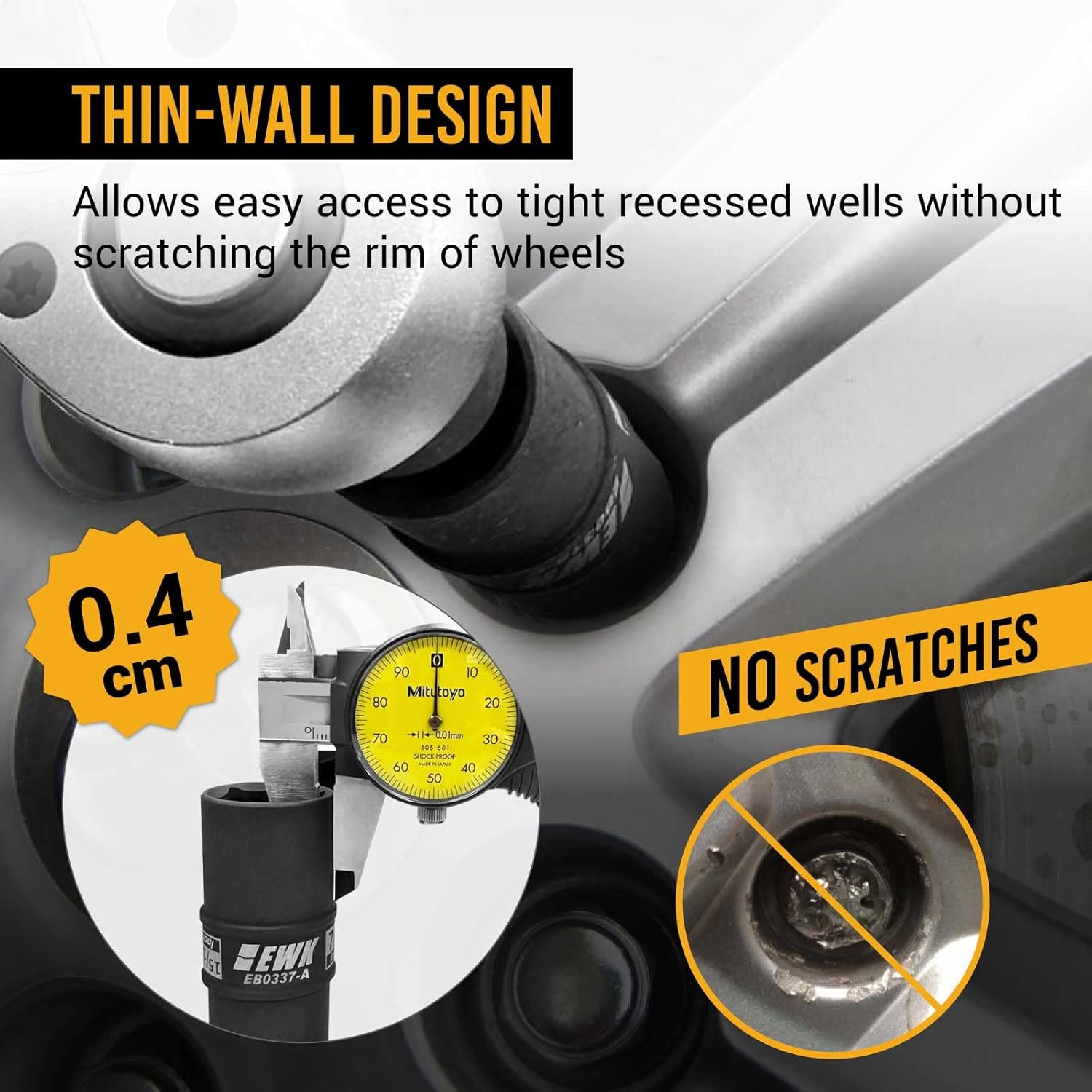 EWK 9 Pcs 1/2" Drive Thin Wall Lug Nut Flip Impact Socket & Torque Limiting Extension Stick Set, 80-150 Ft-lbs (110-200 Nm), Color-Coded