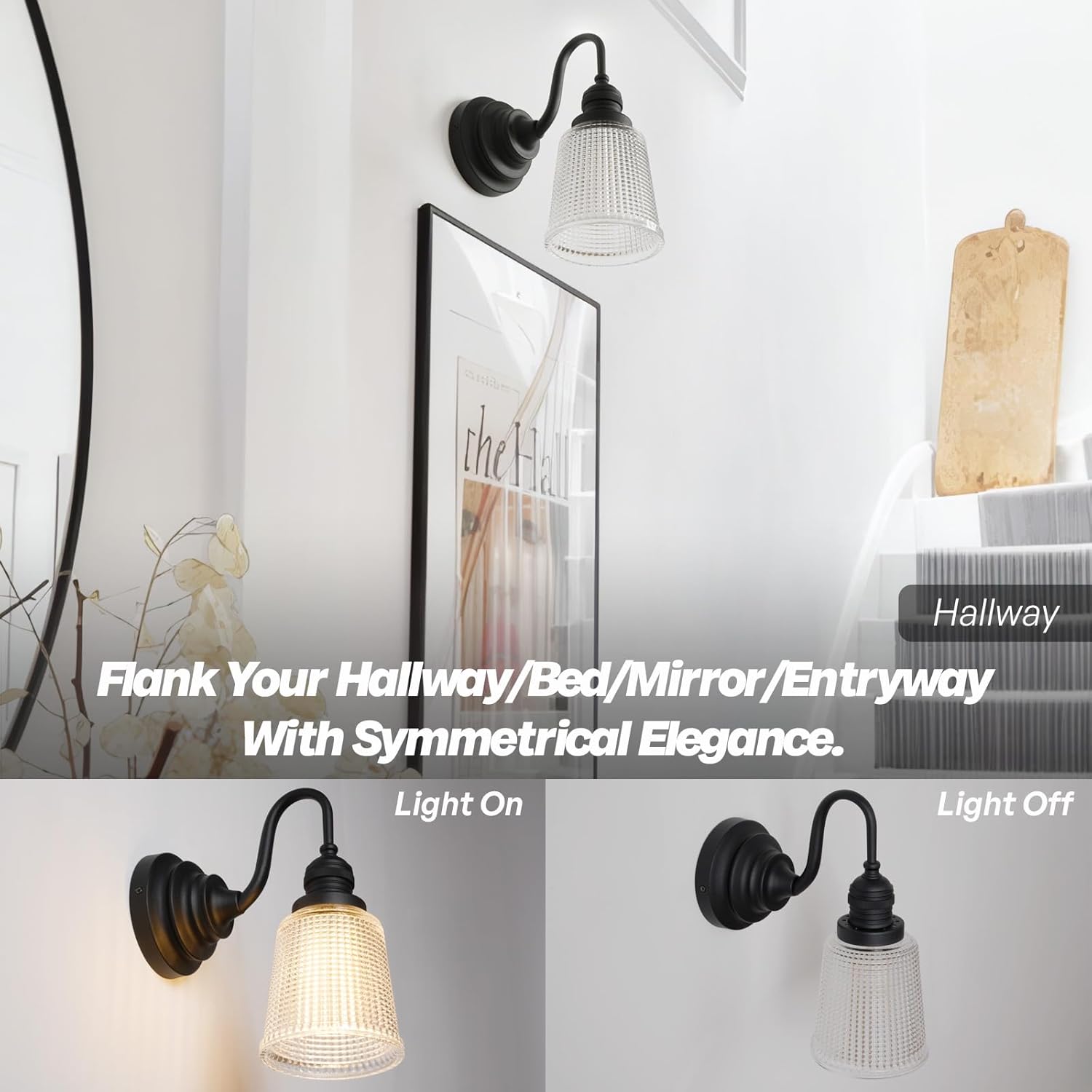 Vintage Wall Sconce Light Black Bathroom Vanity Light with Clear Corrugated Glass Shade Hardwire Farmhouse Wall Sconce Lamp for Bathroom Mirror Living Room Bedroom Kitchen E26 Indoor