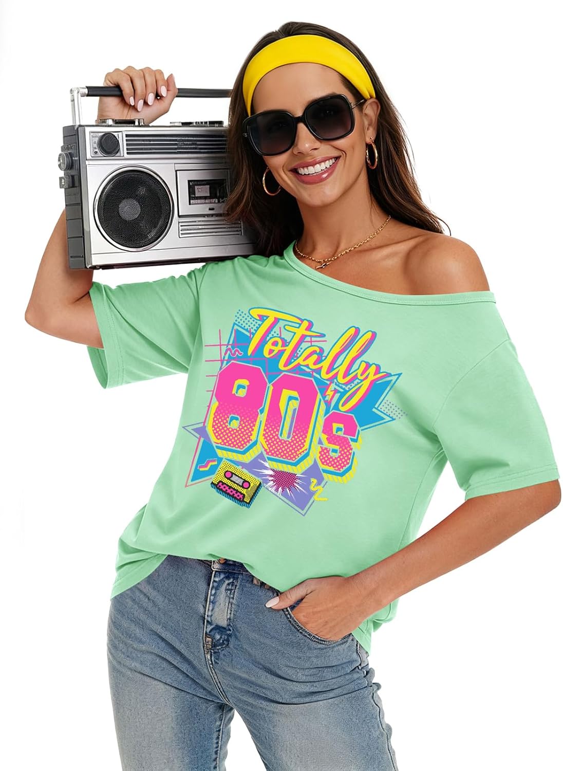 80s Shirts for Women Oversized Retro Off The Shoulder Top Disco 80s 90s Theme Party Outfit - Image 4