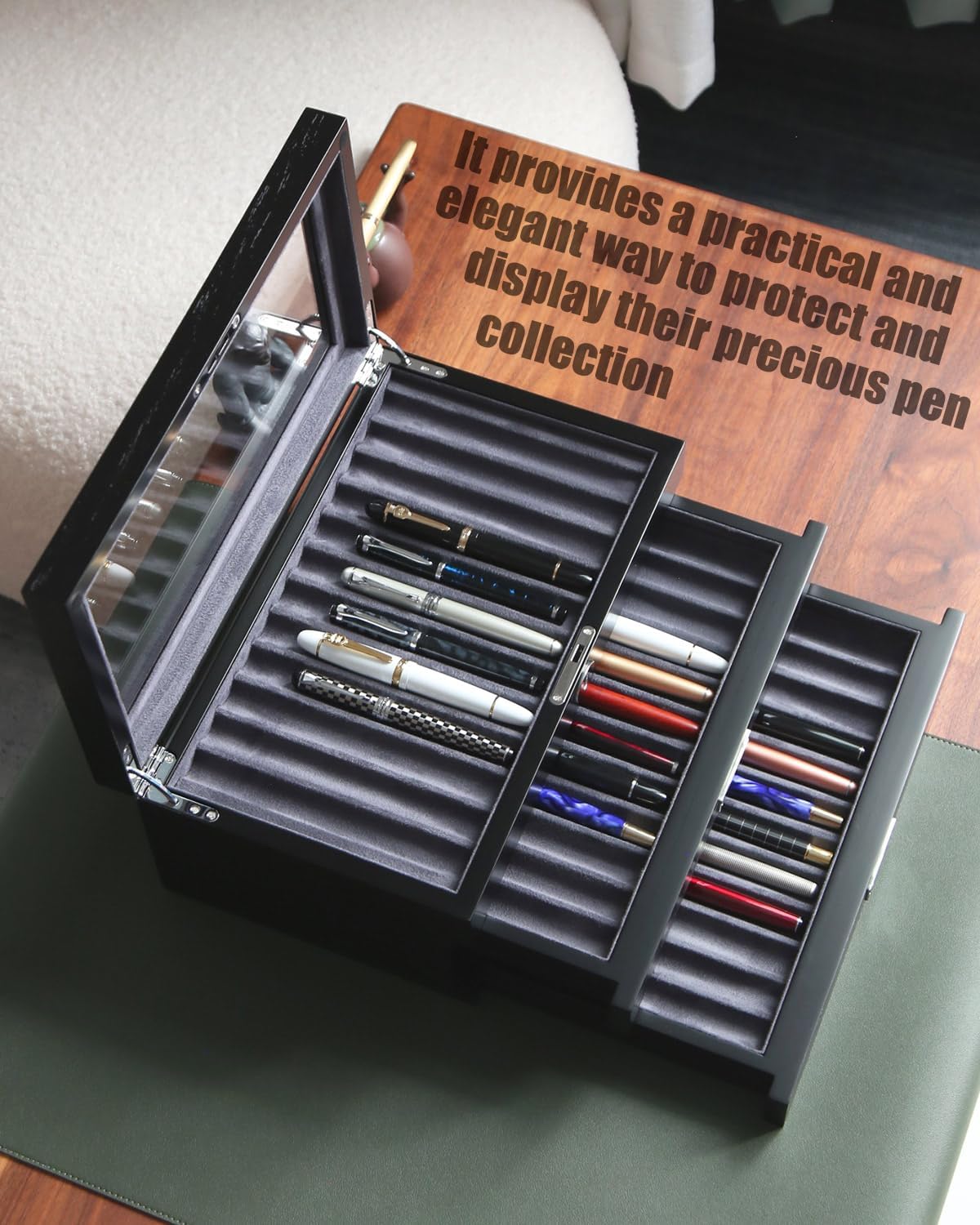 Pen Display Case with 36 Pen Slots, Fountain Pen Case, Wood Pen Storage Organizer, Pen Box Display for Men Gift, Pen Display Box with Glass Window(black ash veneer finish, dark gray velvet)