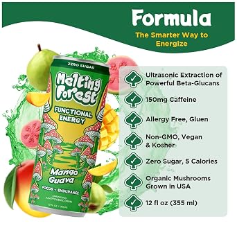 Melting Forest Functional Mushroom Energy Drink - 150mg Caffeine, L-Theanine, Cordyceps & Lion's Mane - Adaptogen Drink for Energy & Focus, Cognitive Function & Mental Clarity - Mango Guava (12 Pack)