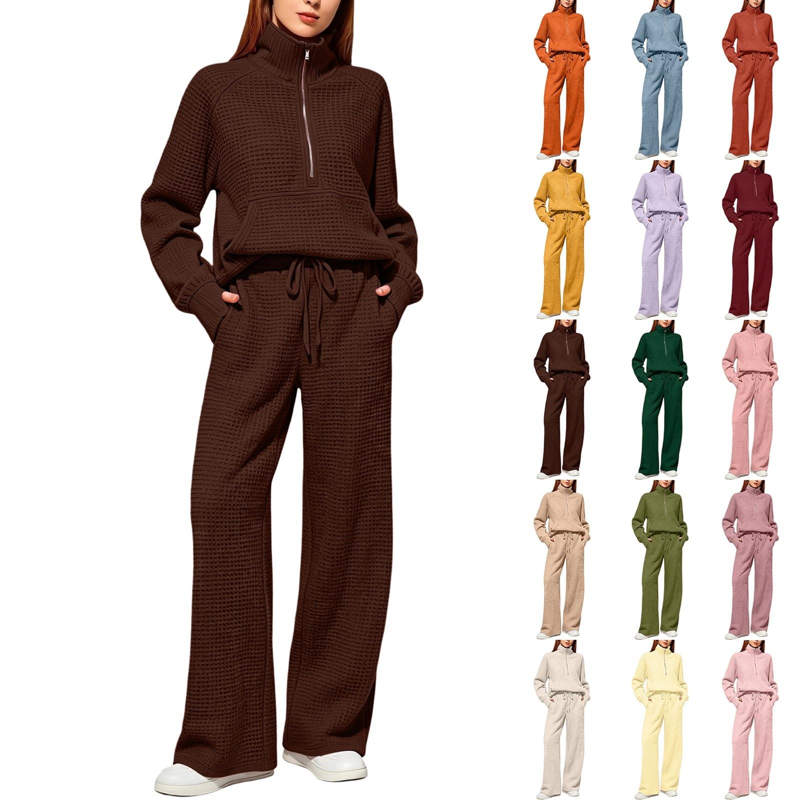 Sweat Suits For Womens 2 Piece Petite Waffle Knit Half Zip Oversized Sweatsuit Lounge Matching Set With Thumb Holes