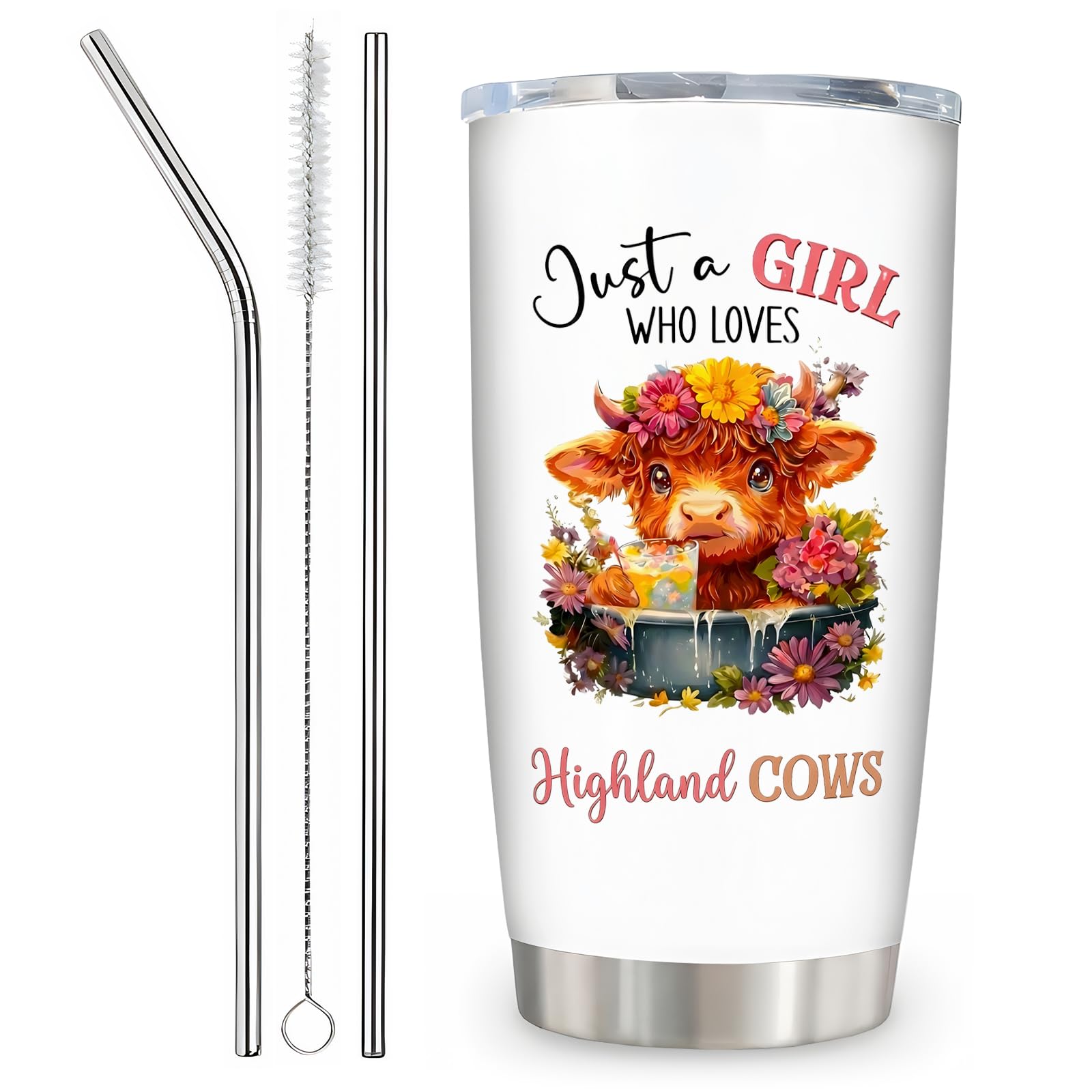 Highland Cow Gifts for Women & Men, 20oz Thermal Cup with Straw and Brush, Car Cup Holder Friendly, Insulated Bottle Travel Mug, Funny Stainless Steel Tumbler for Home Office & Travel