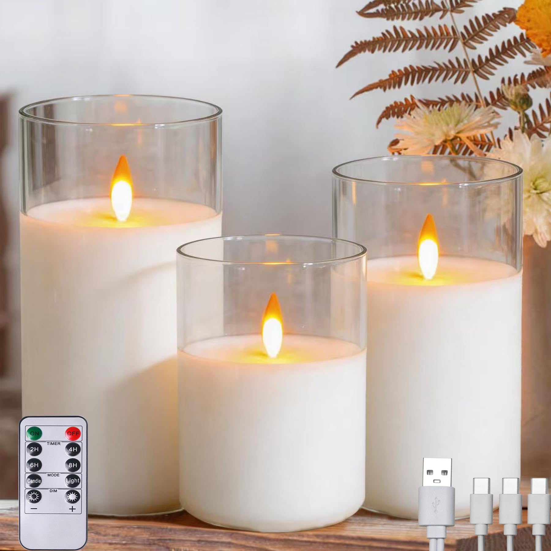 Photo 1 of **SMALL**JMTONE 200 Hours Rechargeable Flickering Flameless Candles, Rechargeable Battery LED Glass Pillar Candle with Remote and Timer, Real Wax Clear Color for Living Room, Home Décor, Mother’s Day Gifts
