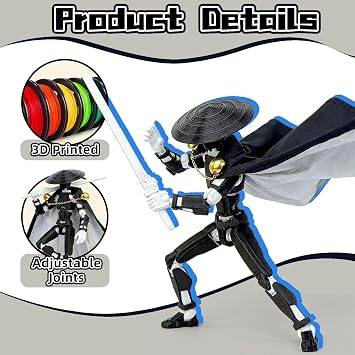 Robo 13 3D Printed Action Figure, Assembled Lucky Figure Toy | Poseability Dummy Figure with Cloak and Weapon, No Assembly Required, Upgraded Joint Design, Heavy Play, Black, White