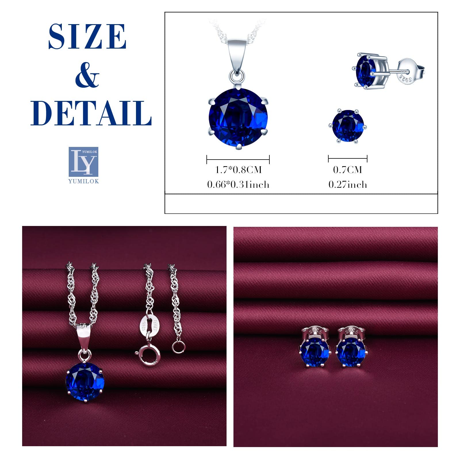 Yumilok Collier zircon et Boucles d'oreilles zircon pour femmes et filles, Bijoux parures de diamant en argent 925, Collier solitaire à six griffes, Clous d'oreilles solitaire à six griffes
