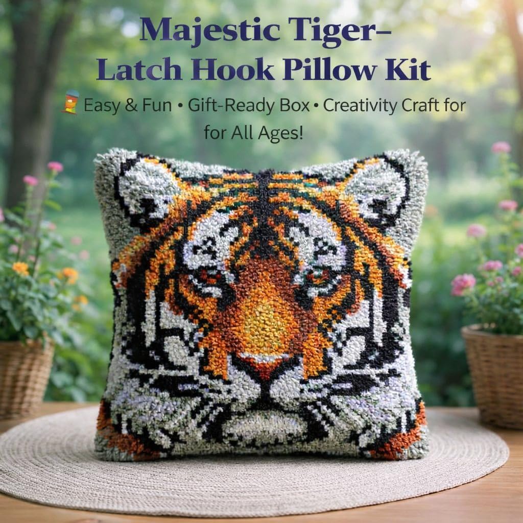 veirousa Tiger Latch Hook Kits for Adults Beginners, Animal Latch Hook Pillow Kit Pre-Printed Latch Hook Rug Kits Craft Cushion Set for Home Sofa Decoration 17x17 in. Handmade Gift