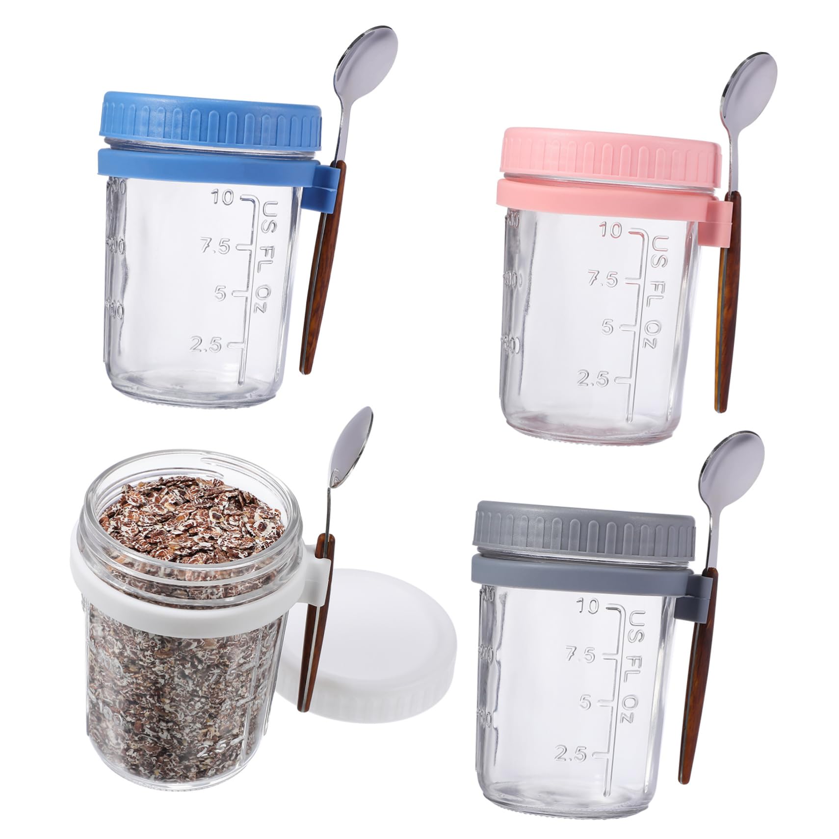 Cabilock 4 Stück Vorratsdose Glas mit Holzdeckel 400ml Glasbehälter mit Deckel und Löffel für Overnight Oats Büro und Wohnheim