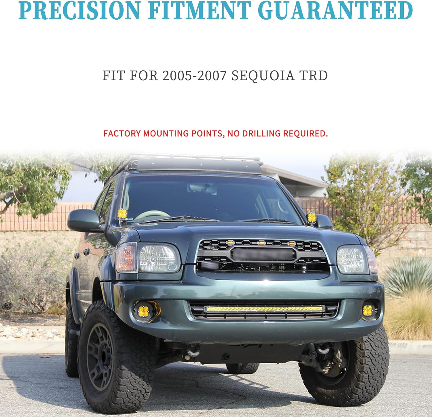 KHK Front Grill Compatible with Sequoia 2005-2007, Front Bumper Grille Mesh Grille Replacement, Matte Black, w/t Amber Light Up/Letters/Accessories, Heavy Duty Truck Exterior Styling