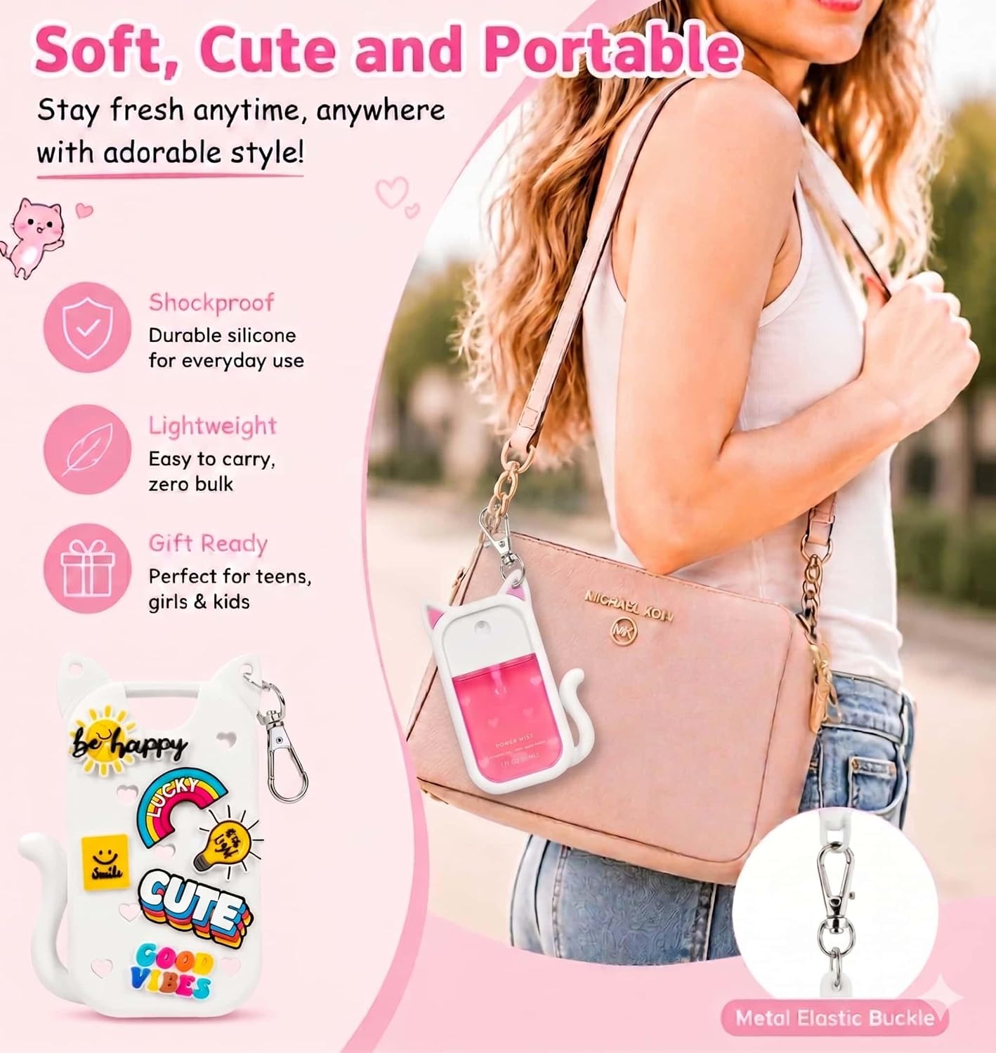 Cat Silicone Case for Touchland Sanitizer - Lovyit Portable Holder Sleeve with Keychain & 6 Charms, Suit for Hand Spray Power Mist & Glow Mist 1 FL Oz/30ML for Touchland Cute Travel (White) image 3
