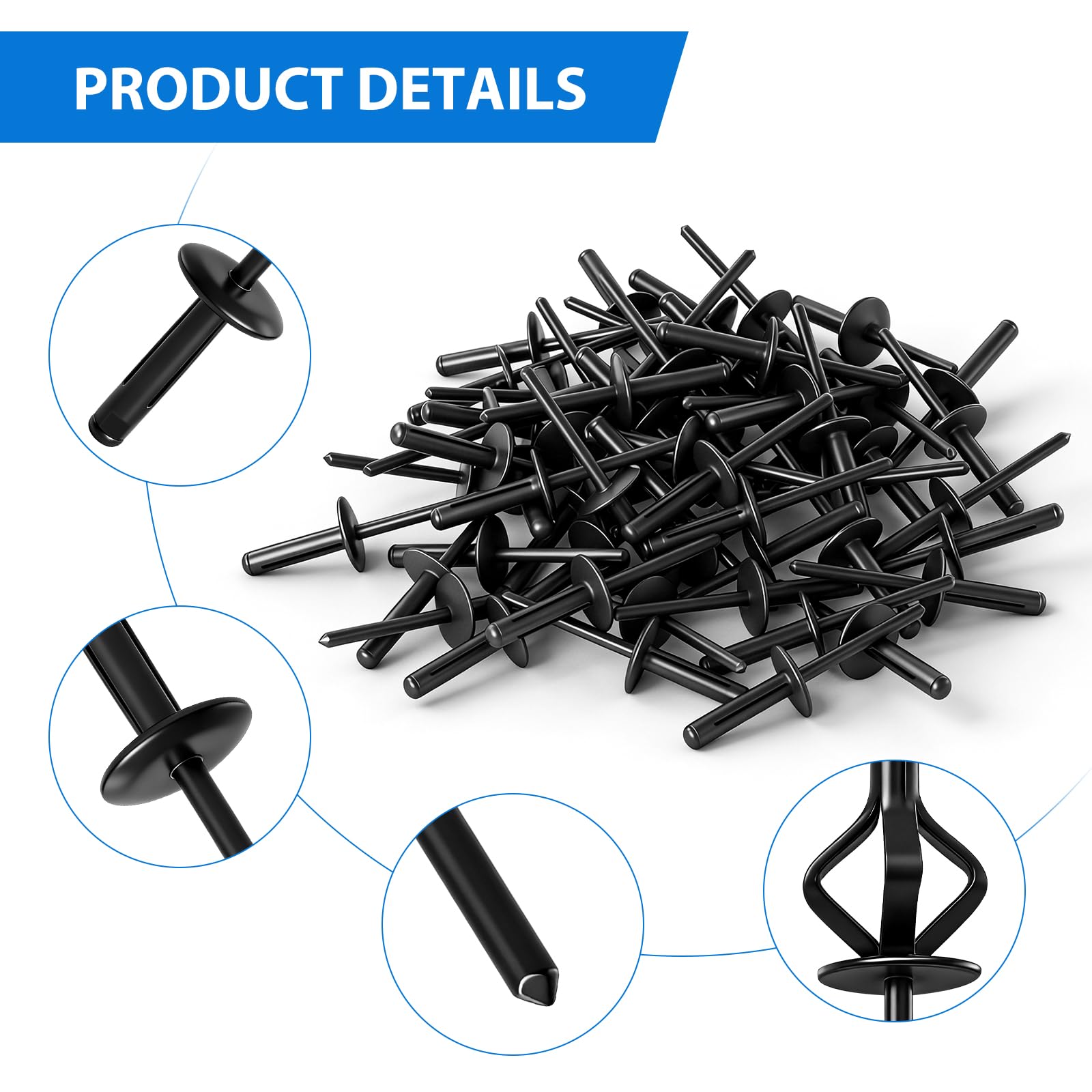 Nity popnite, 60 sztuk, aluminiowe nity zrywalne, zestaw do obróbki drewna, mebli, blachy, pojazdów silnikowych, wyposażenia mechanicznego, przemysłowego, kolor czarny, 4,8 x 21 mm