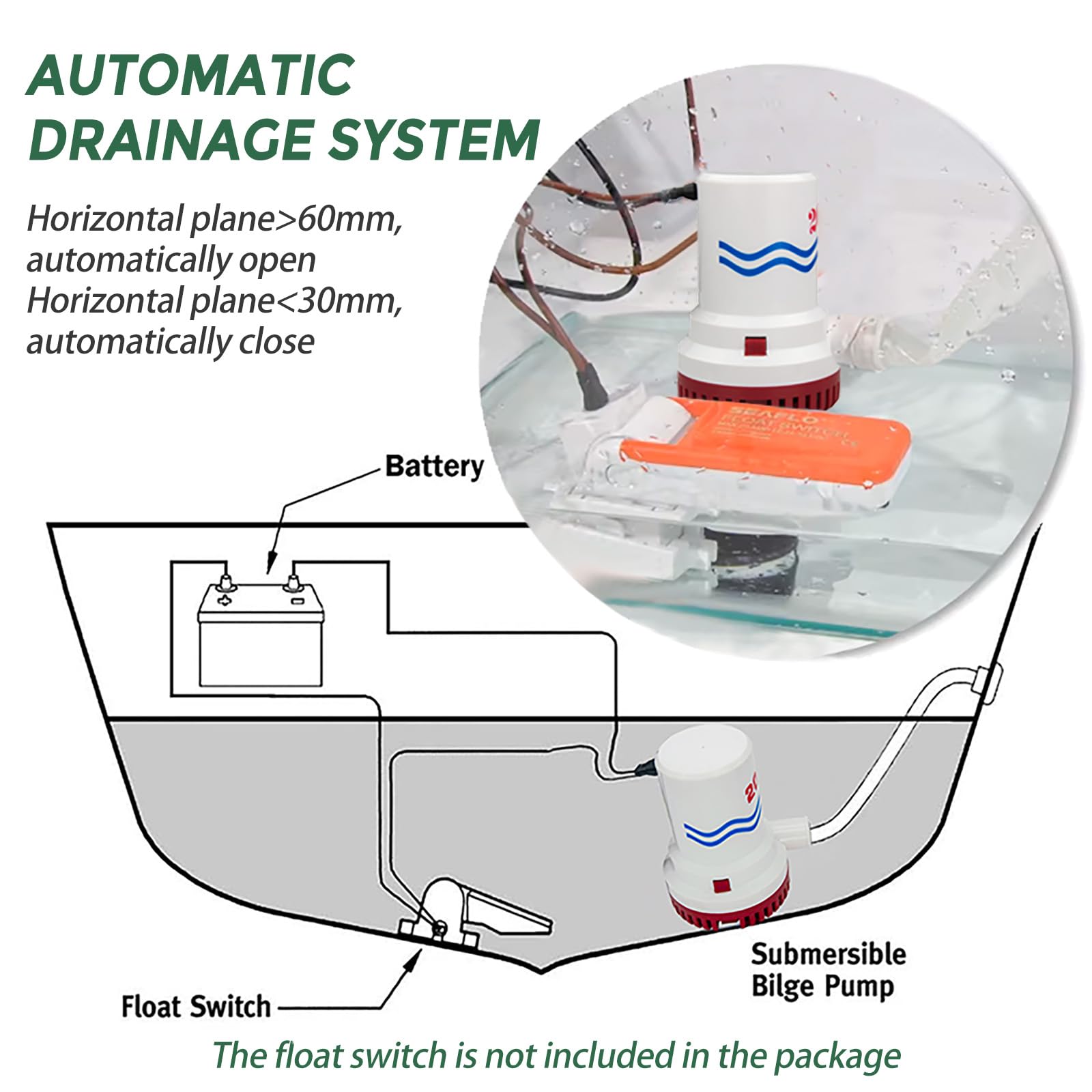 Bomba de achique sumergible de 12 V de 2000 GPH para barco marino | Carcasa resistente a la corrosión. Diseño totalmente sumergible.