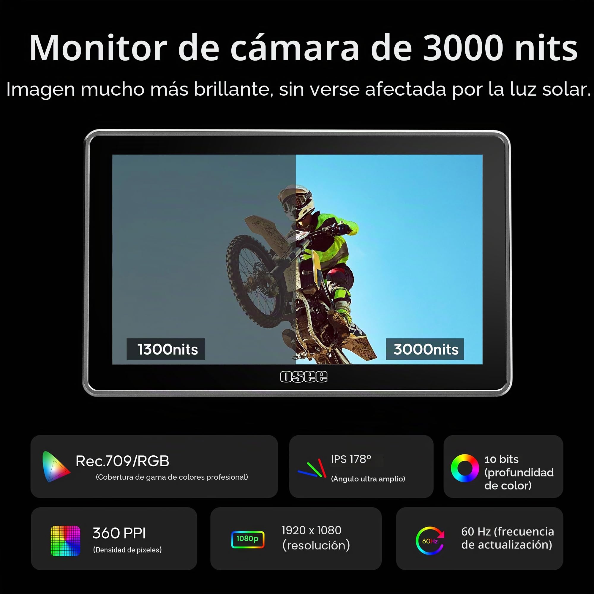 Osee G7 Pro Cámara Monitor 7 Pulgadas 3000nits Pantalla Táctil Monitor de Campo con Control de Cámara, Entrada/Salida HDMI 3G-SDI, LUT 3D, Enfoque Táctil Monitor de Vídeo para DSLR | Monitor de CA con pantalla táctil Full HD de 1920 x 1080 con entrada y s
