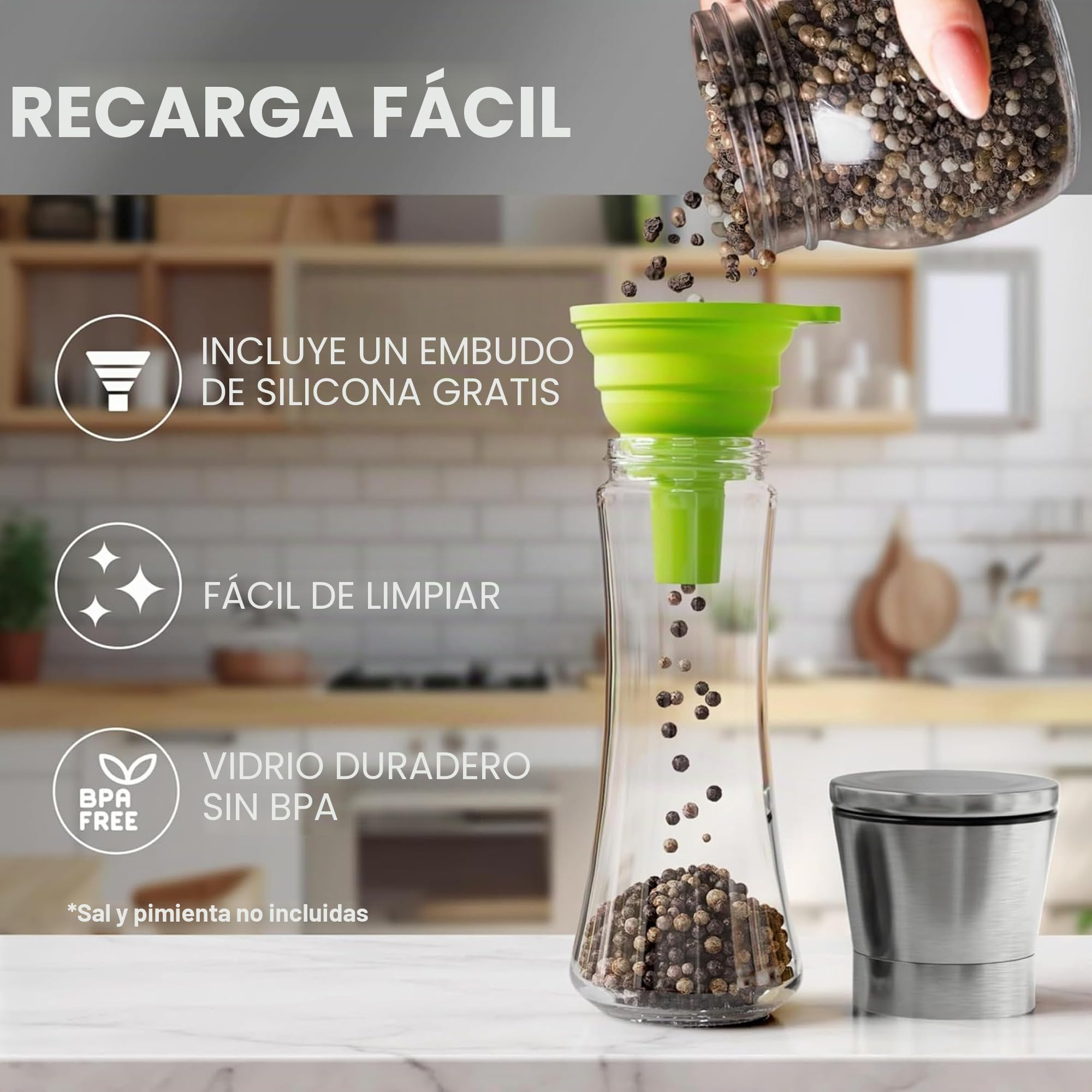 Home EC Set de Molinillo de Pimienta y Sal de Acero Inoxidable – Molinillo de Sal y Molinillo de Pimienta Manual con Moledor Cerámico Ajustable – Molinillo de Sal y Pimienta con Bote de Cristal Alto