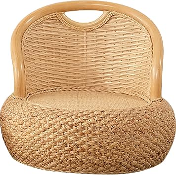 Round Rattan Floor Chair with Ergonomic Backrest - Lazy Chair Tatami Seat Meditation Futon for Home and Office Decoration Light Brown