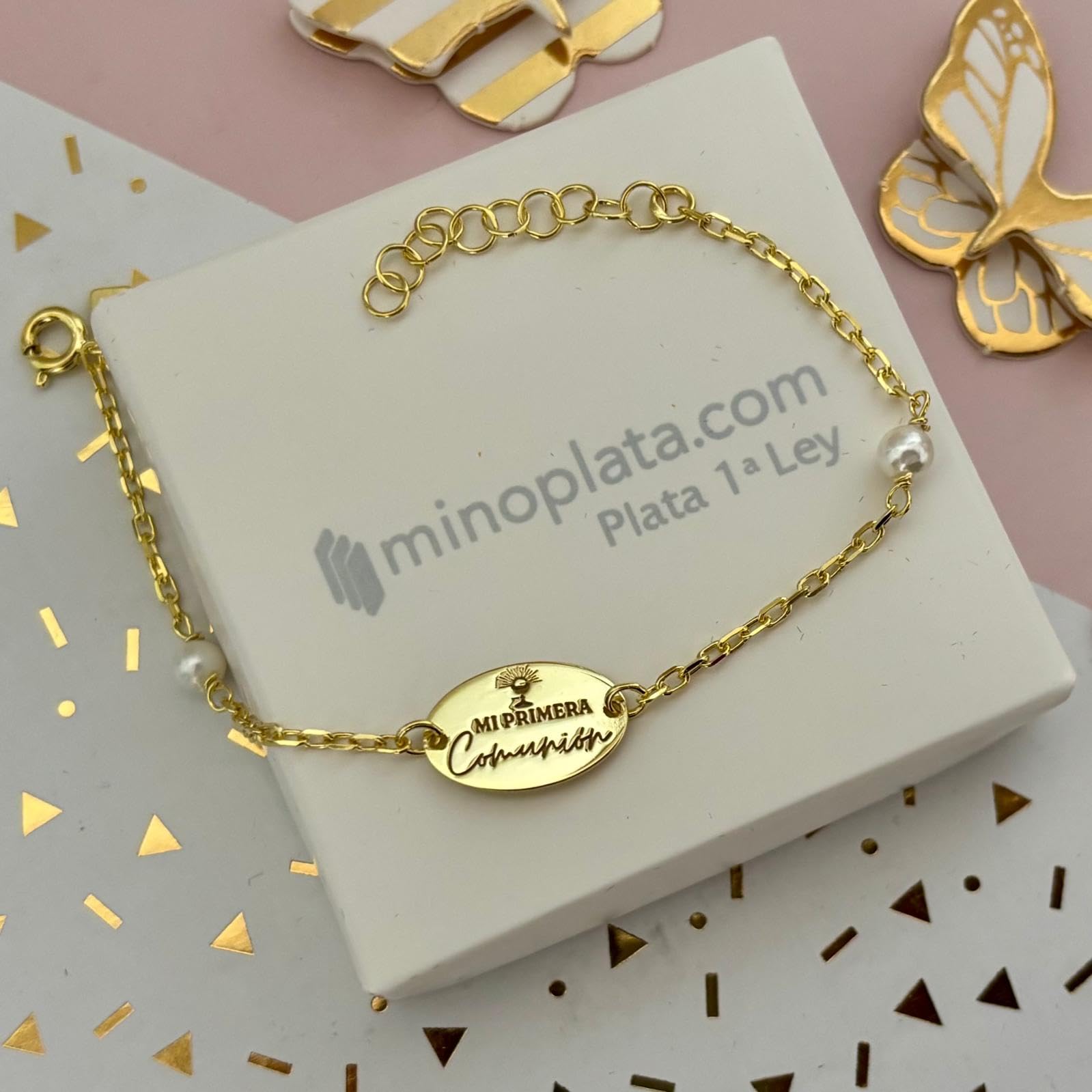 Bracciale Mi Prima Comunione in Argento Placcato Oro con Perle, Mediano, Argento sterling, Nessuna pietra preziosa