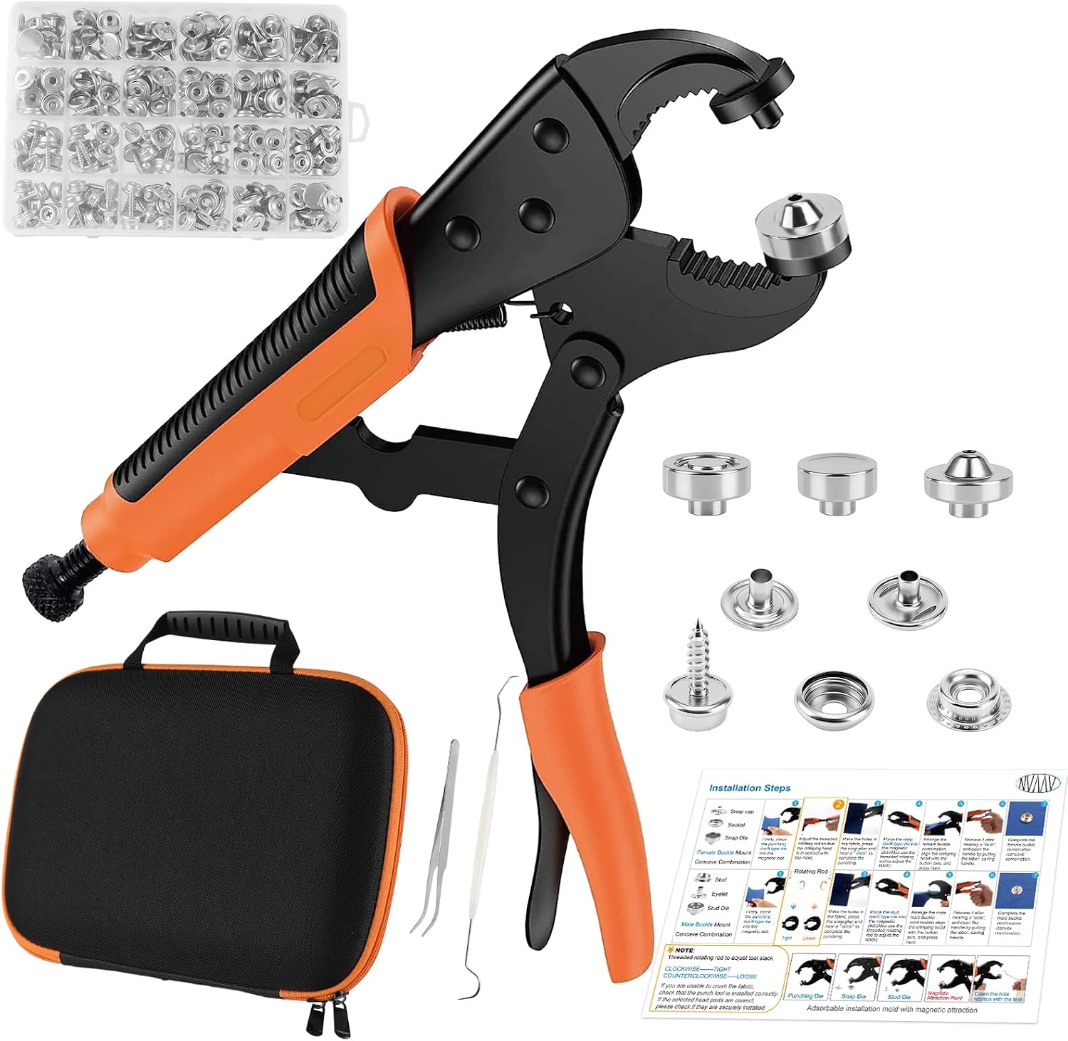 Heavy Duty Snap Fastener Tool Kit, 100 Set Canvas Snap Kit with Magnetic Die Head & Adjustable Setter, 15mm Stainless Steel Snaps for Boat Cover, Canvas, Fabric, Tarps, Leather – Snap Repair Kit