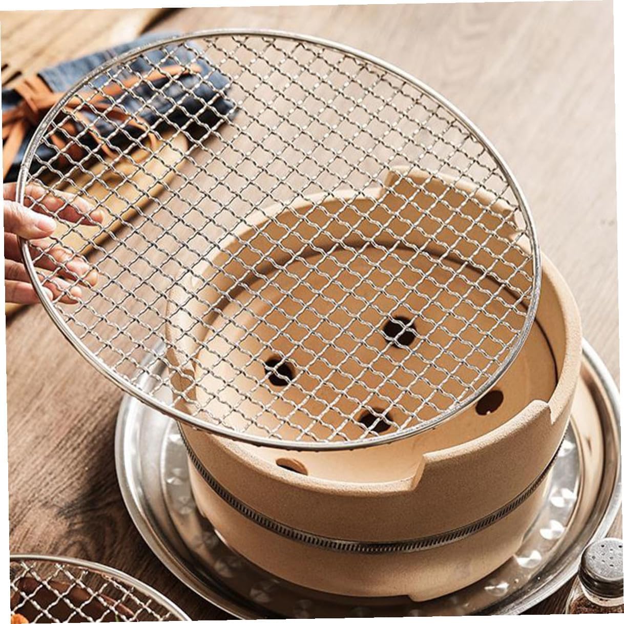 NUOBESTY Medium Charcoal Barbecue Stove with Large Stainless Steel Grilling Tray and Clay Pot Base, Indoor and Outdoor Cooking Grill for Camping and Patio Use