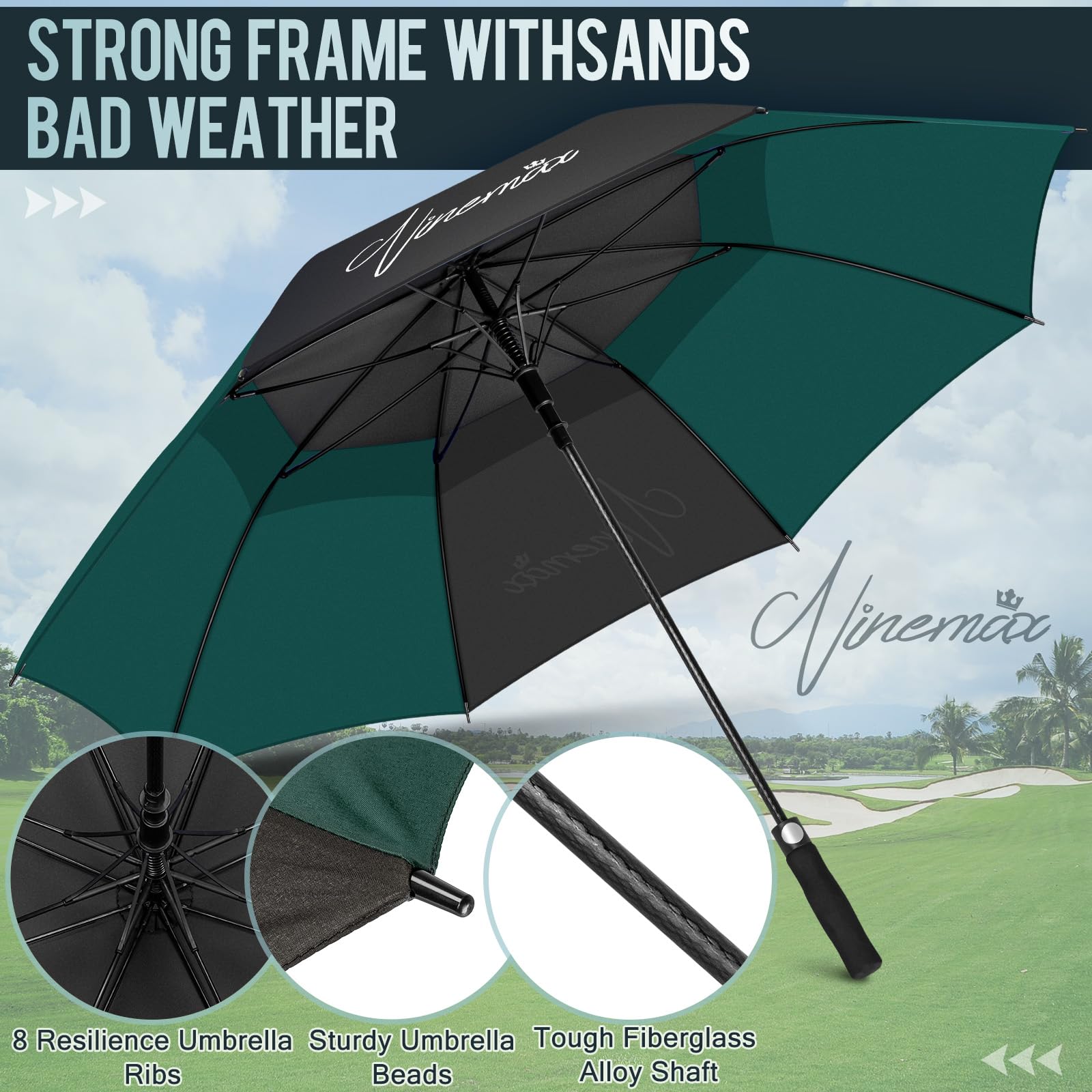 NINEMAX Wiatroodporny Parasol Golfowy 68 inch,Parasol Golfowy Długi Wiatroszczelny,Wodoszczelny,Podwójny Baldachim dla Mężczyzn i Kobiet(Czarny i Ciemnozielony)